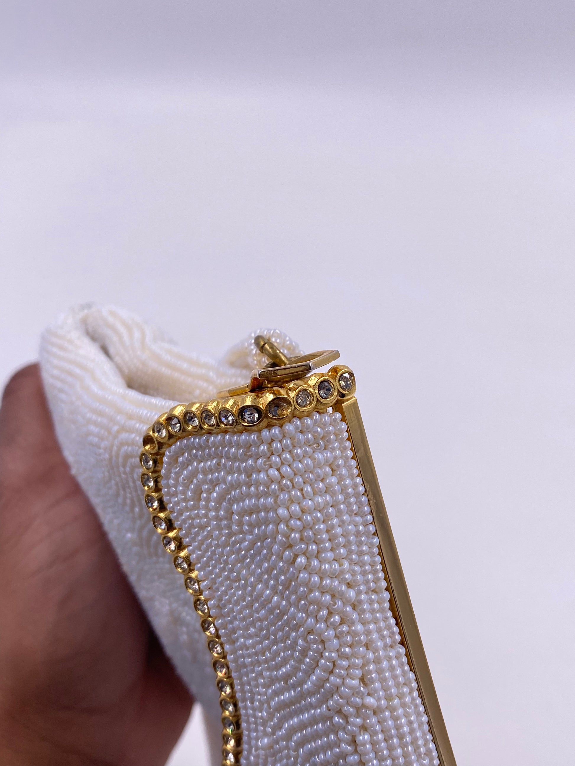 Hard Top Vintage White Beaded Hand Made Purse with Rhinestones and Gold Trim - The Kit Vintage