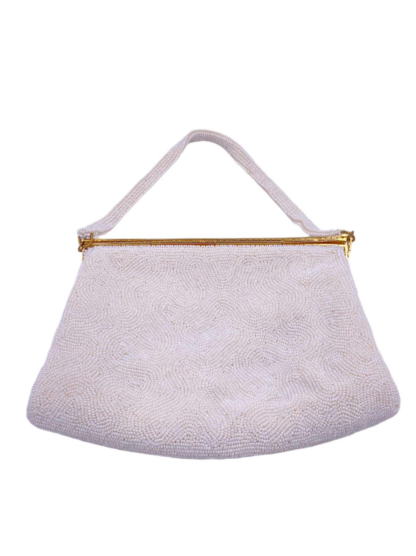 Hard Top Vintage White Beaded Hand Made Purse with Rhinestones and Gold Trim