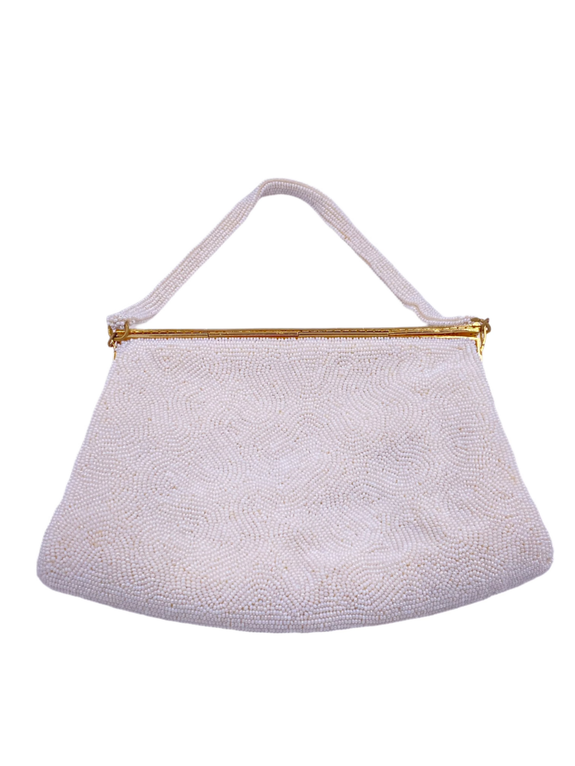 Hard Top Vintage White Beaded Hand Made Purse with Rhinestones and Gold Trim - The Kit Vintage