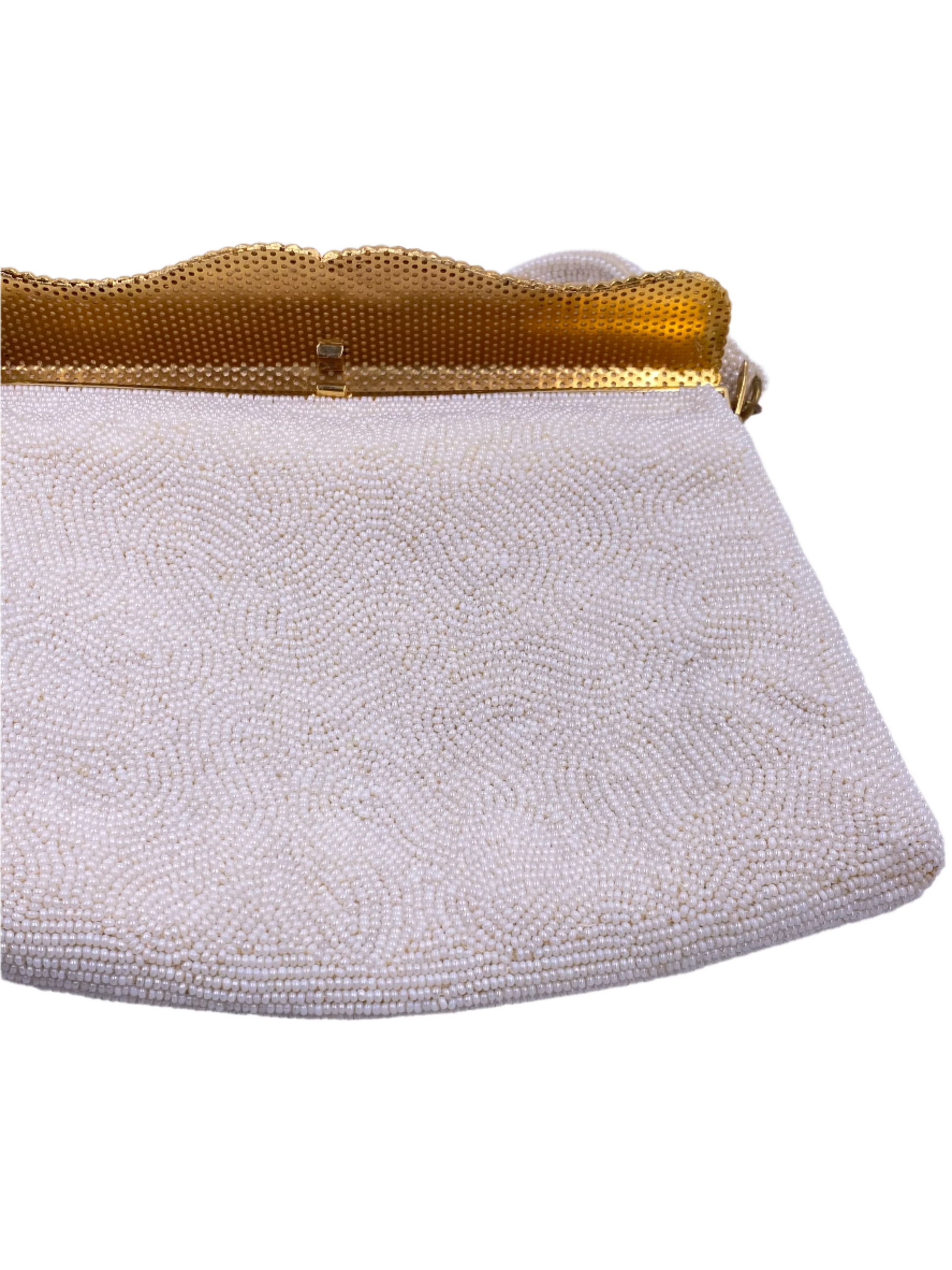 Hard Top Vintage White Beaded Hand Made Purse with Rhinestones and Gold Trim - The Kit Vintage