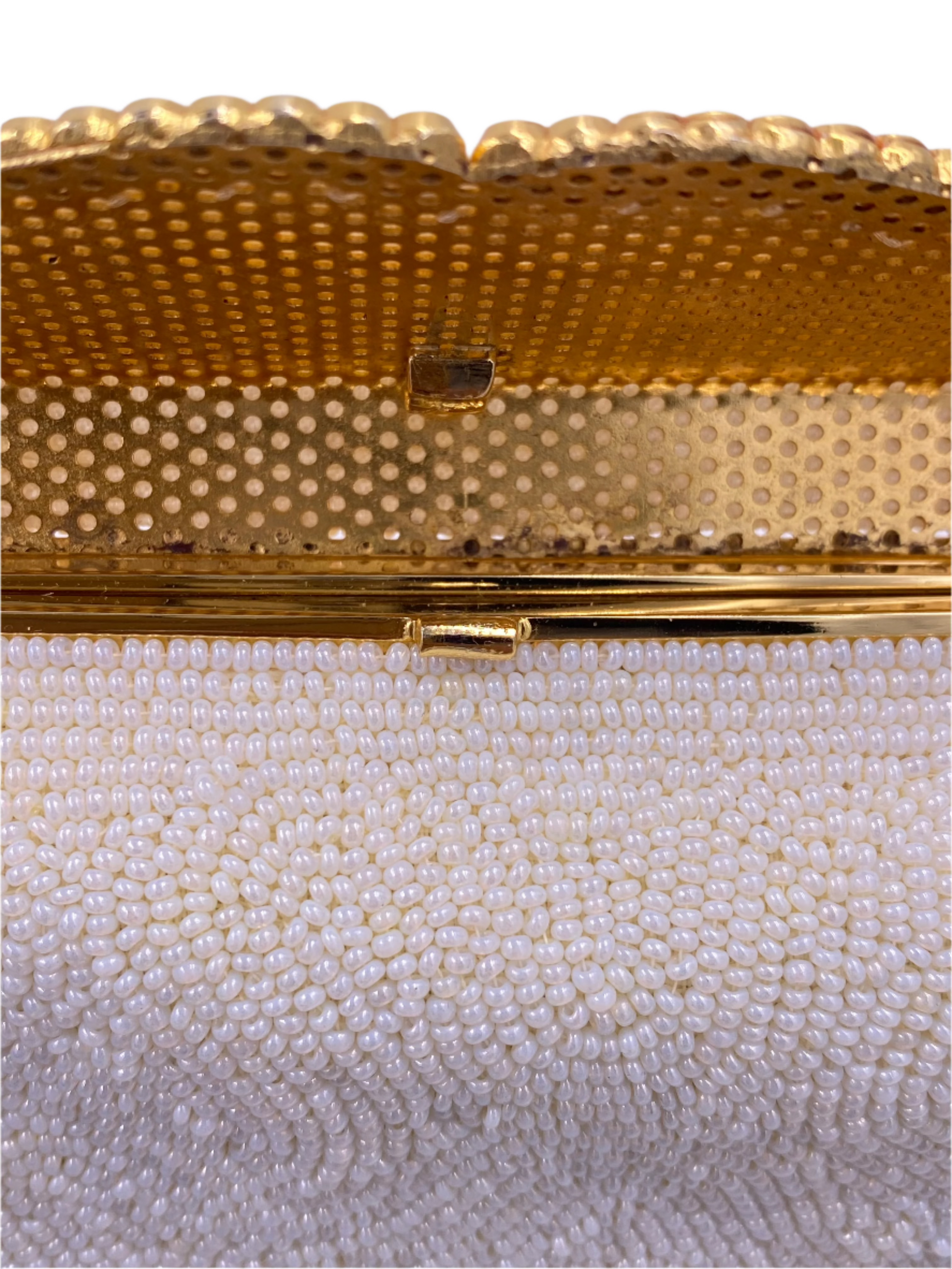 Hard Top Vintage White Beaded Hand Made Purse with Rhinestones and Gold Trim - The Kit Vintage