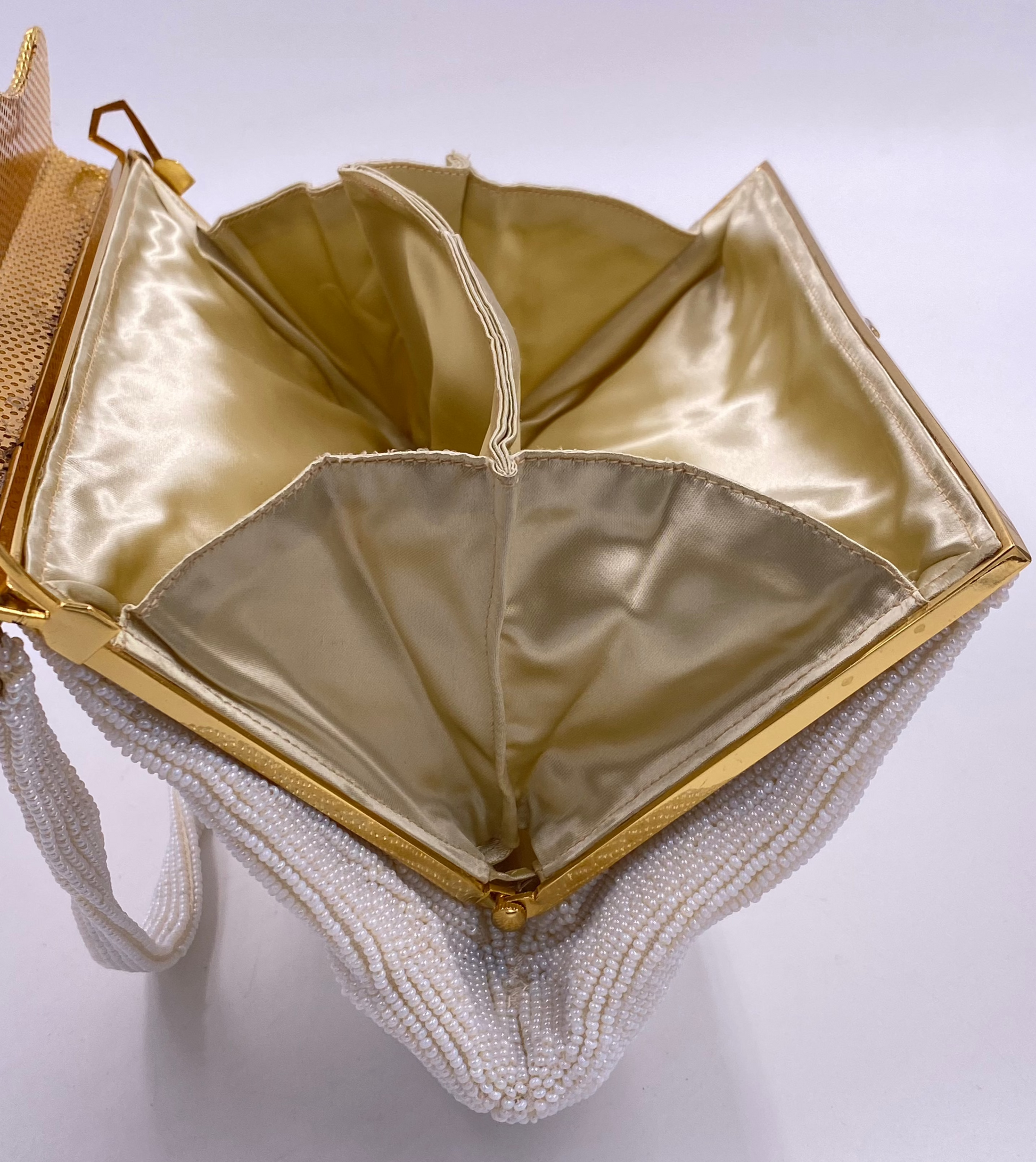 Hard Top Vintage White Beaded Hand Made Purse with Rhinestones and Gold Trim - The Kit Vintage