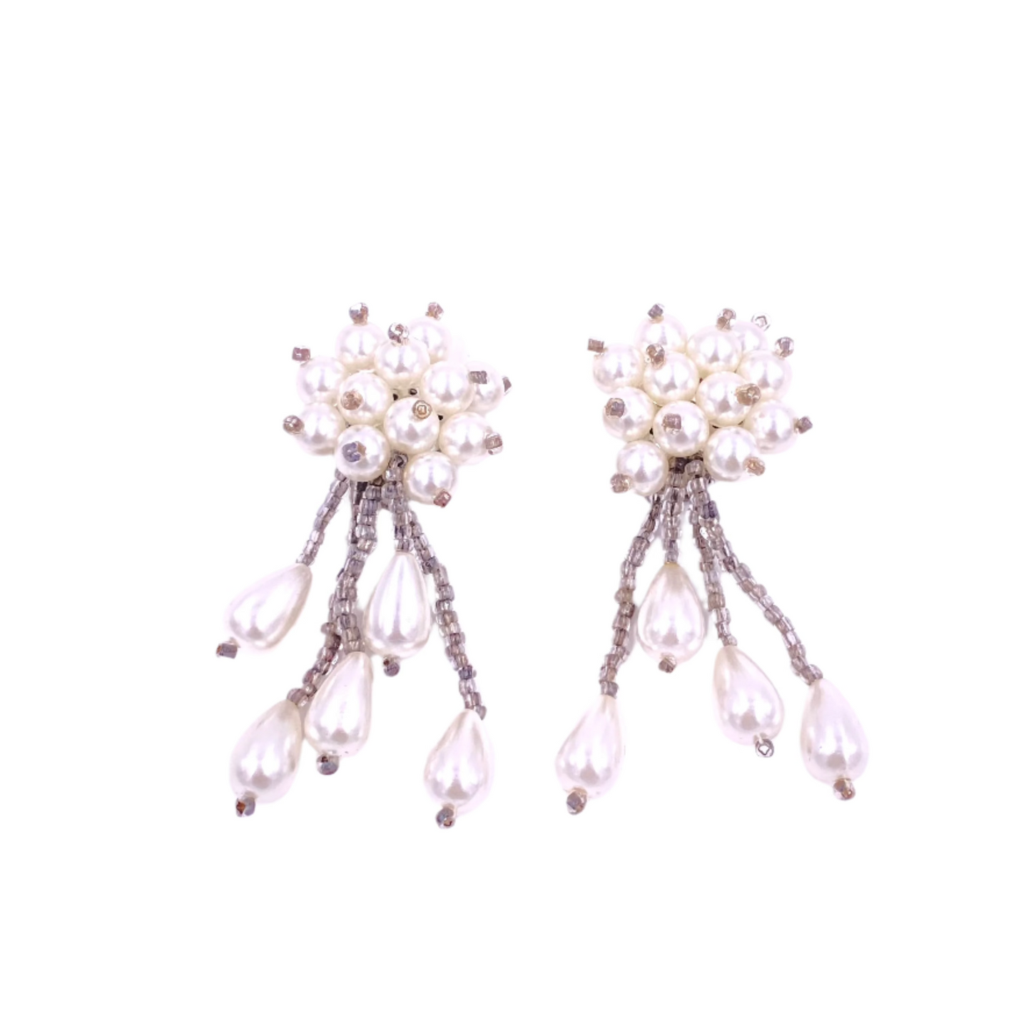 Vintage White Beaded Cluster Pearl Drop Clip On Earrings - The Kit Vintage