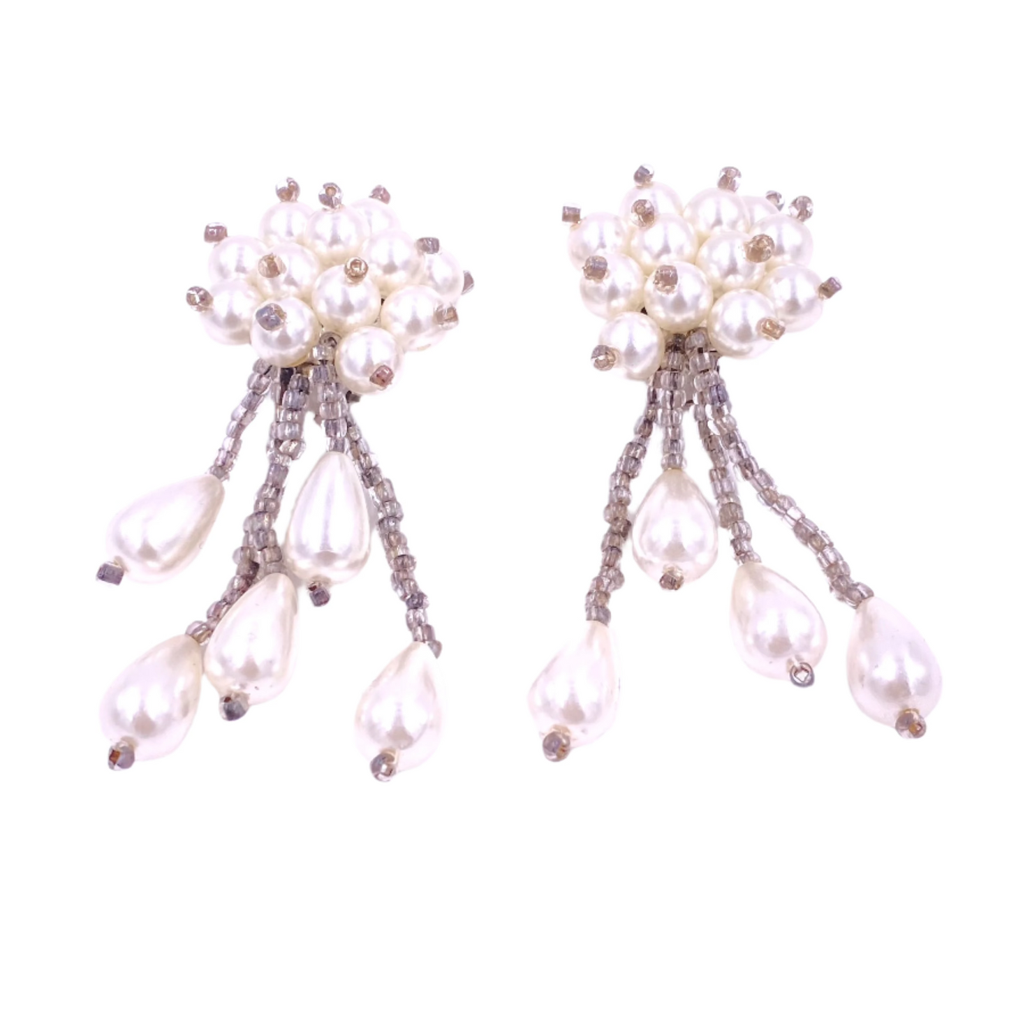 Vintage White Beaded Cluster Pearl Drop Clip On Earrings - The Kit Vintage