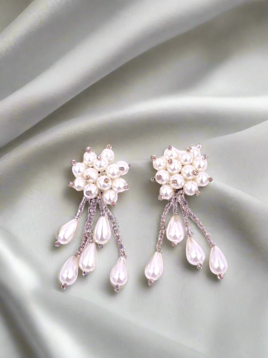 Vintage White Beaded Cluster Pearl Drop Clip On Earrings - The Kit Vintage
