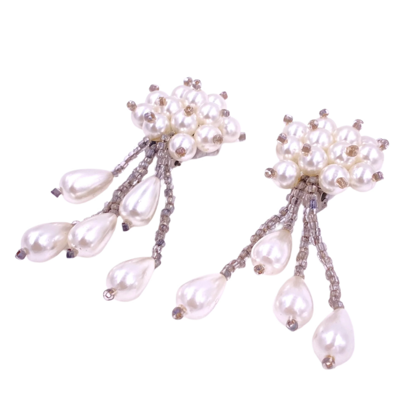 Vintage White Beaded Cluster Pearl Drop Clip On Earrings - The Kit Vintage