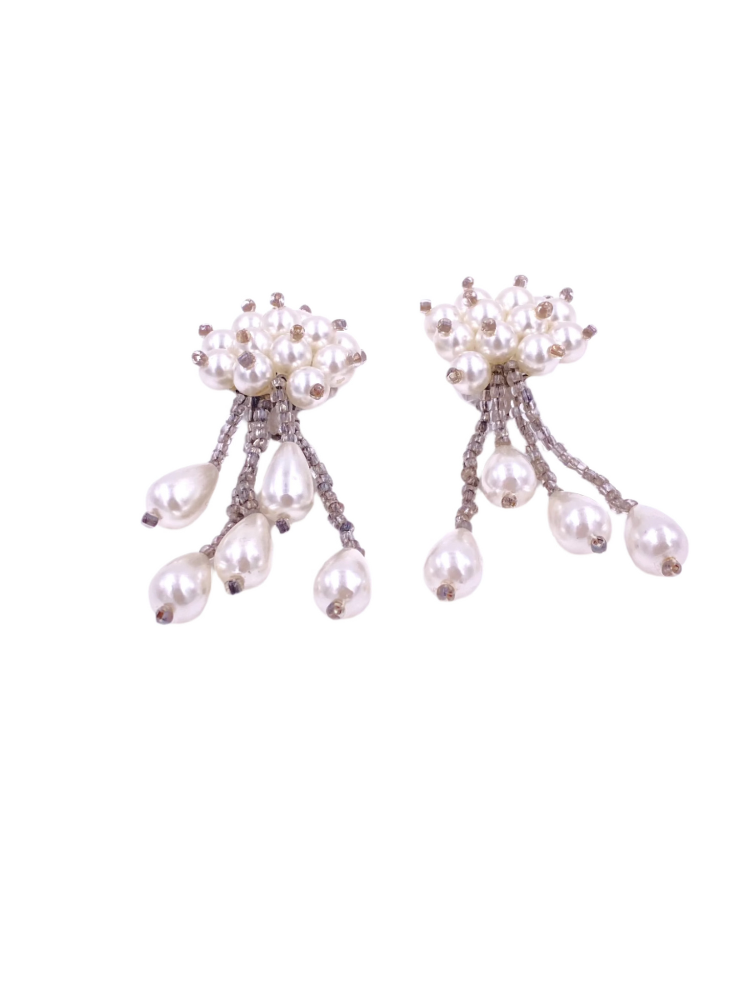Vintage White Beaded Cluster Pearl Drop Clip On Earrings - The Kit Vintage
