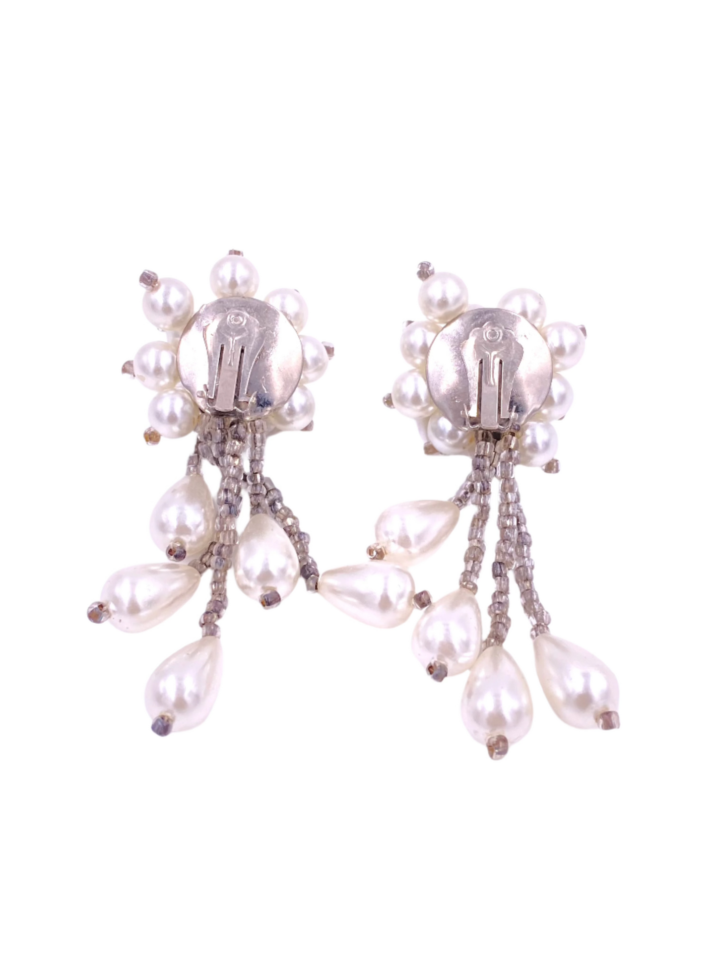 Vintage White Beaded Cluster Pearl Drop Clip On Earrings - The Kit Vintage