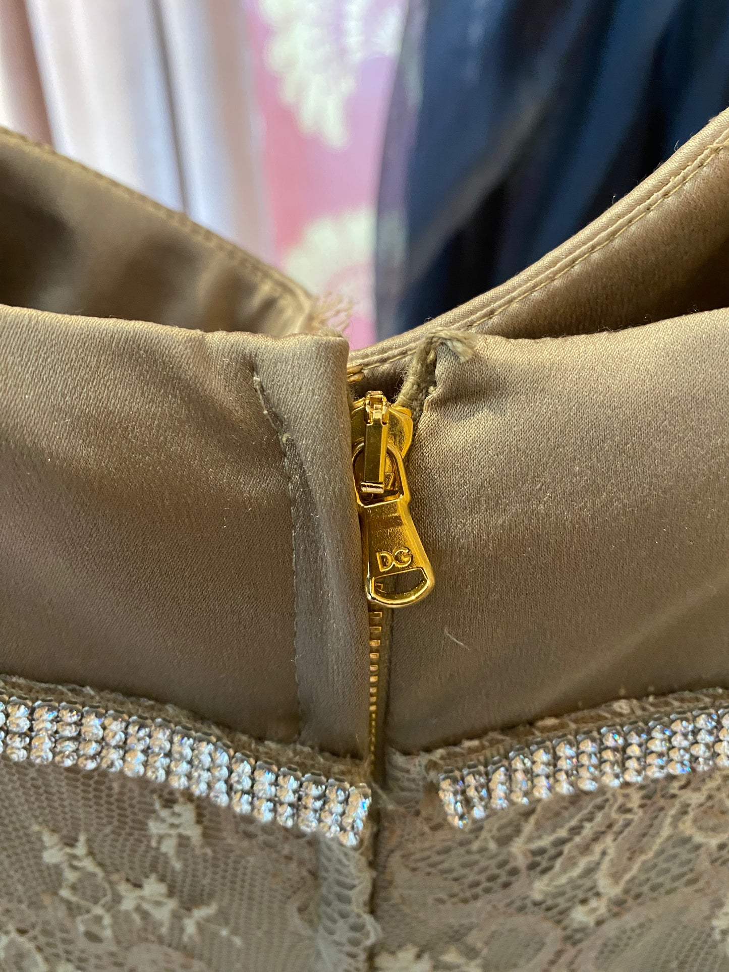 Dolce & Gabbana Gold Lace Dress W Rhinestone Empire Waist