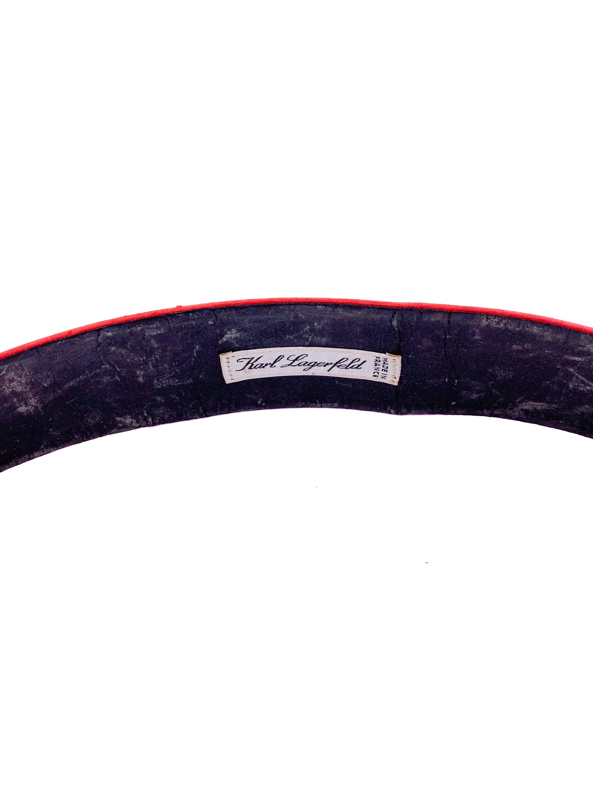 Karl Lagerfeld Red Leather Belt with Gold Name Plate Buckle - The Kit Vintage