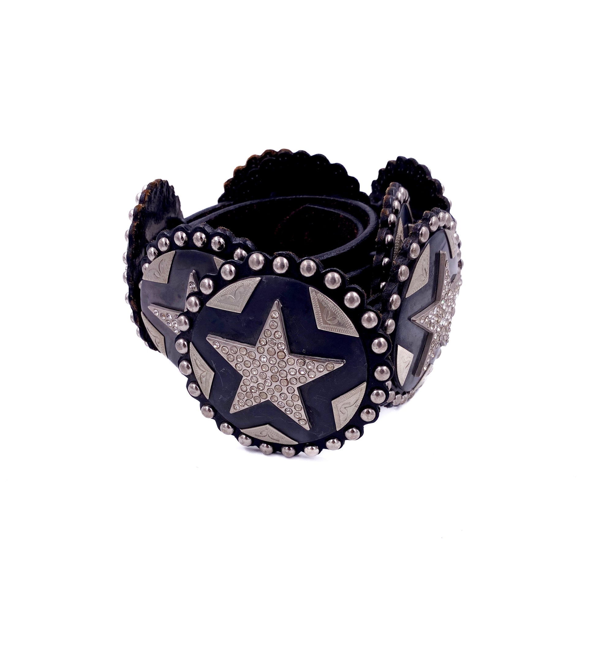 Cowboy Decor Black Leather Studded Belt with Silver Rhinestone Stars - The Kit Vintage