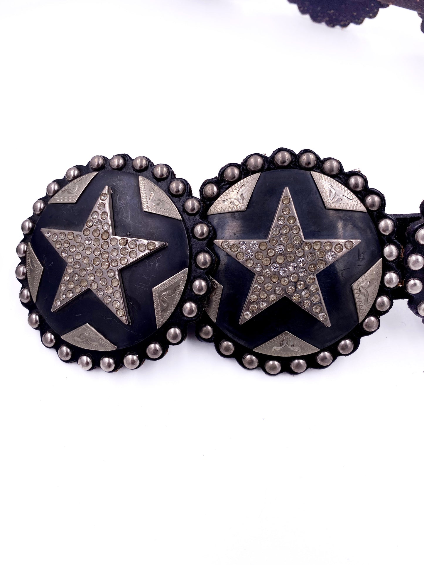 Cowboy Decor Black Leather Studded Belt with Silver Rhinestone Stars