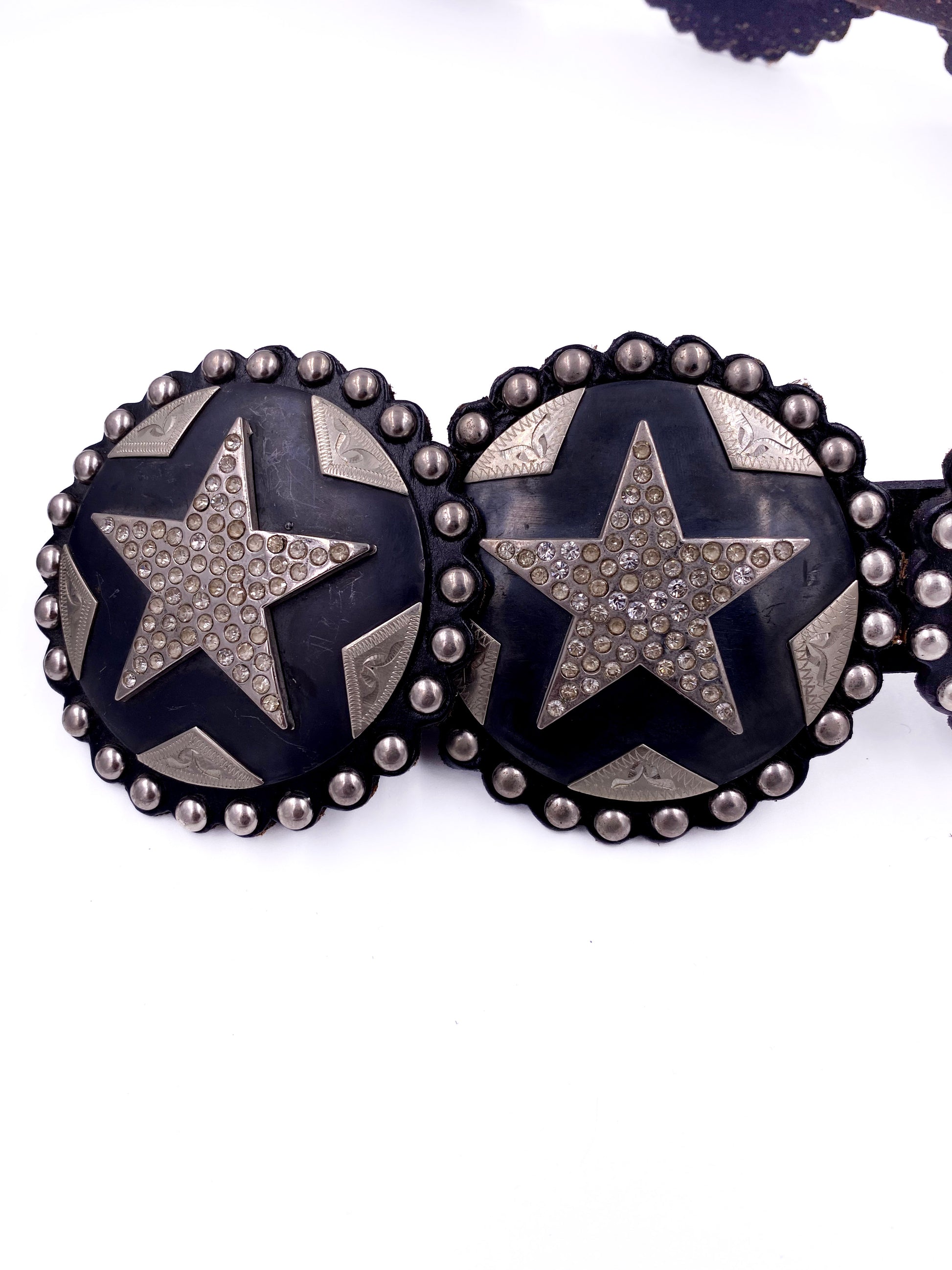 Cowboy Decor Black Leather Studded Belt with Silver Rhinestone Stars - The Kit Vintage
