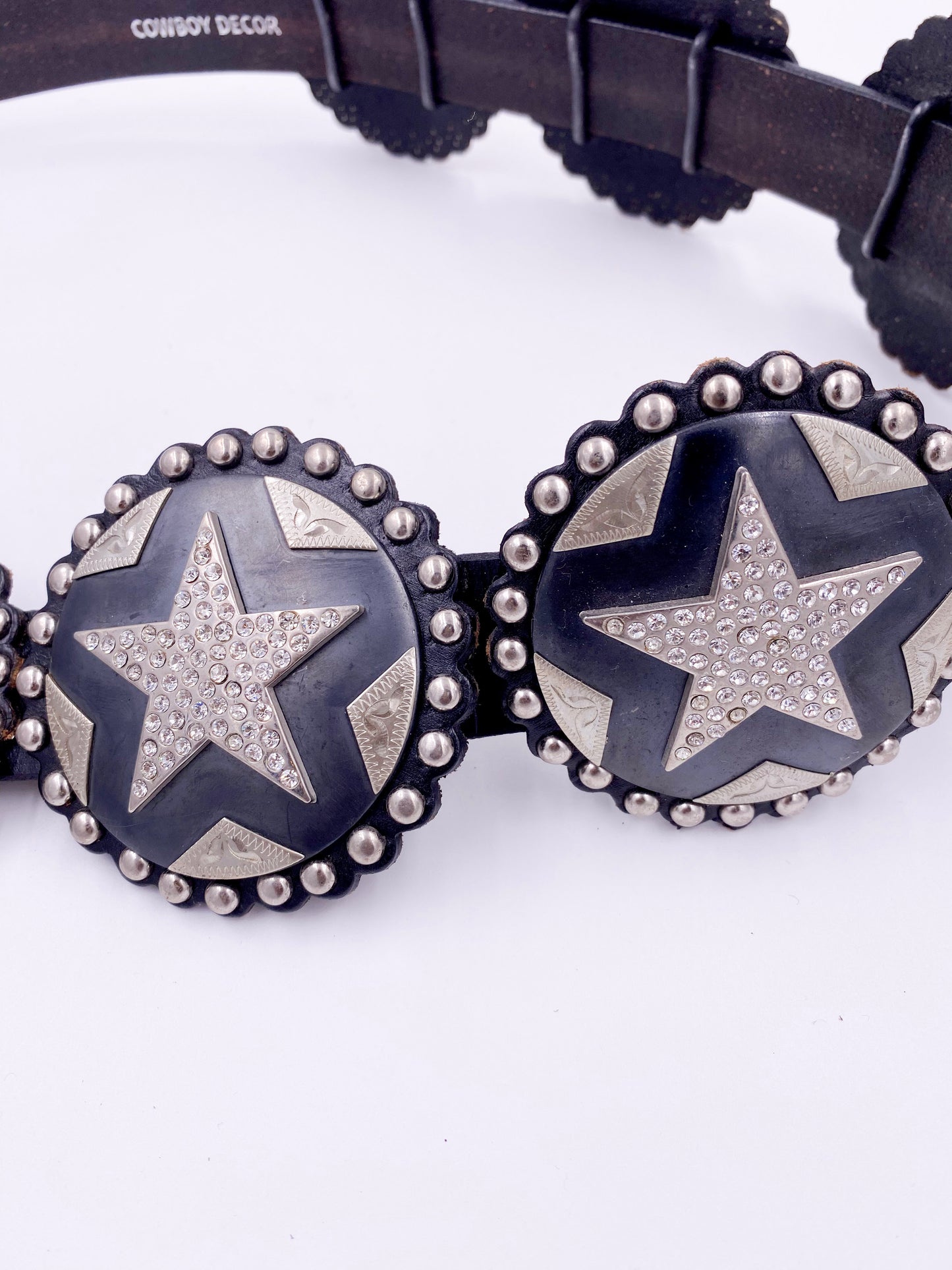 Cowboy Decor Black Leather Studded Belt with Silver Rhinestone Stars