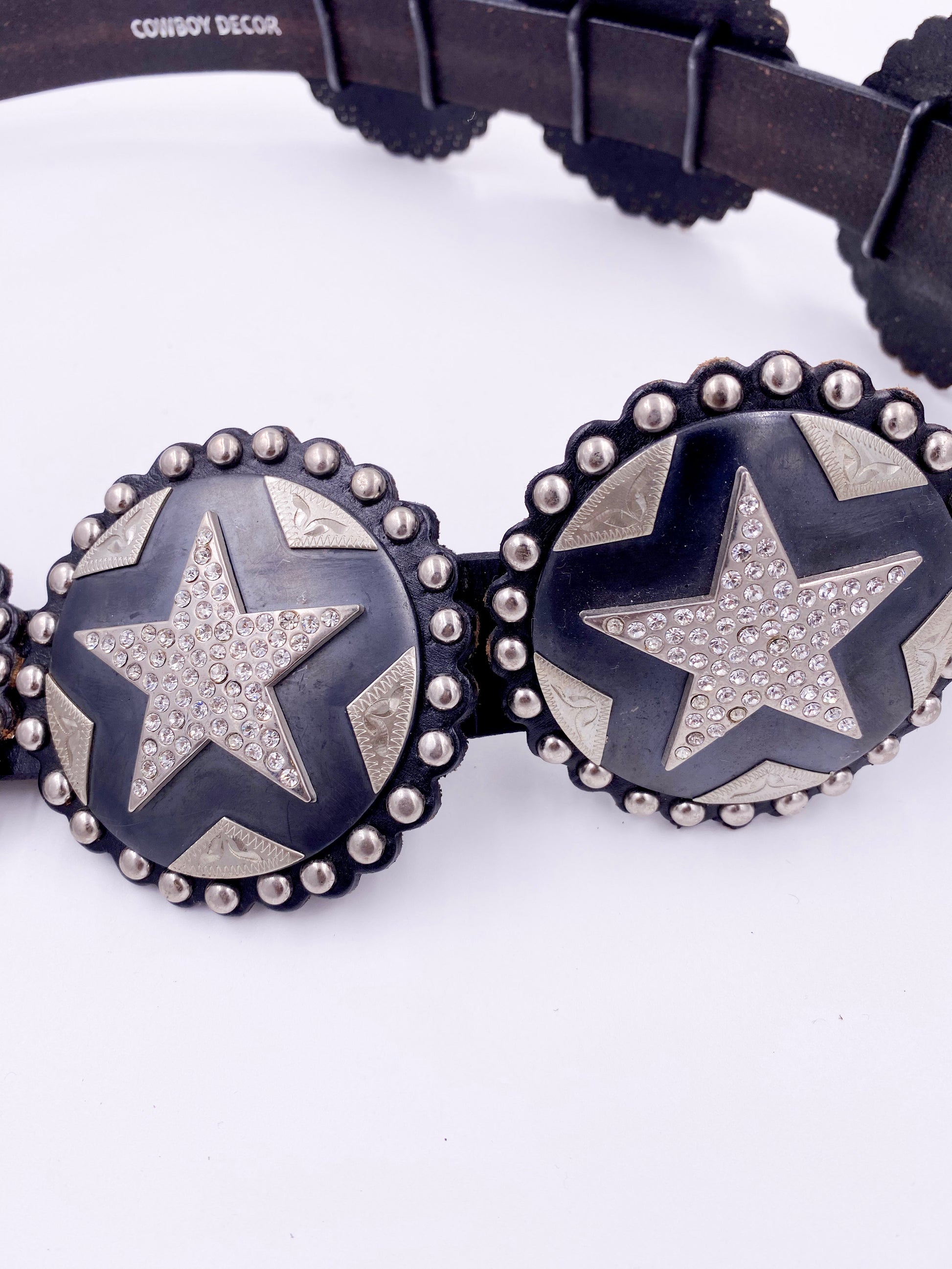 Cowboy Decor Black Leather Studded Belt with Silver Rhinestone Stars - The Kit Vintage