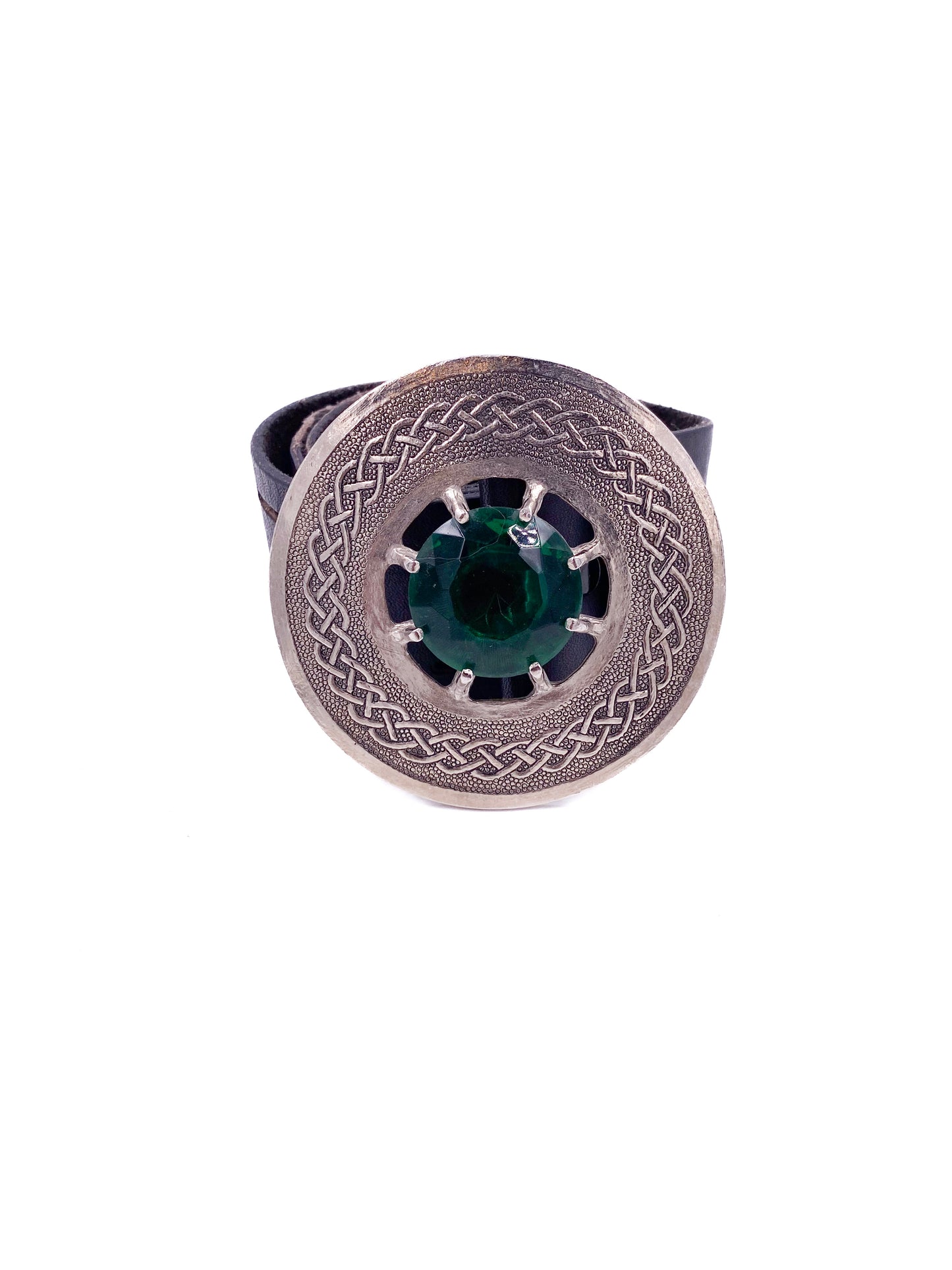 Brown Leather Belt with Silver Circle Buckle & Green Stone