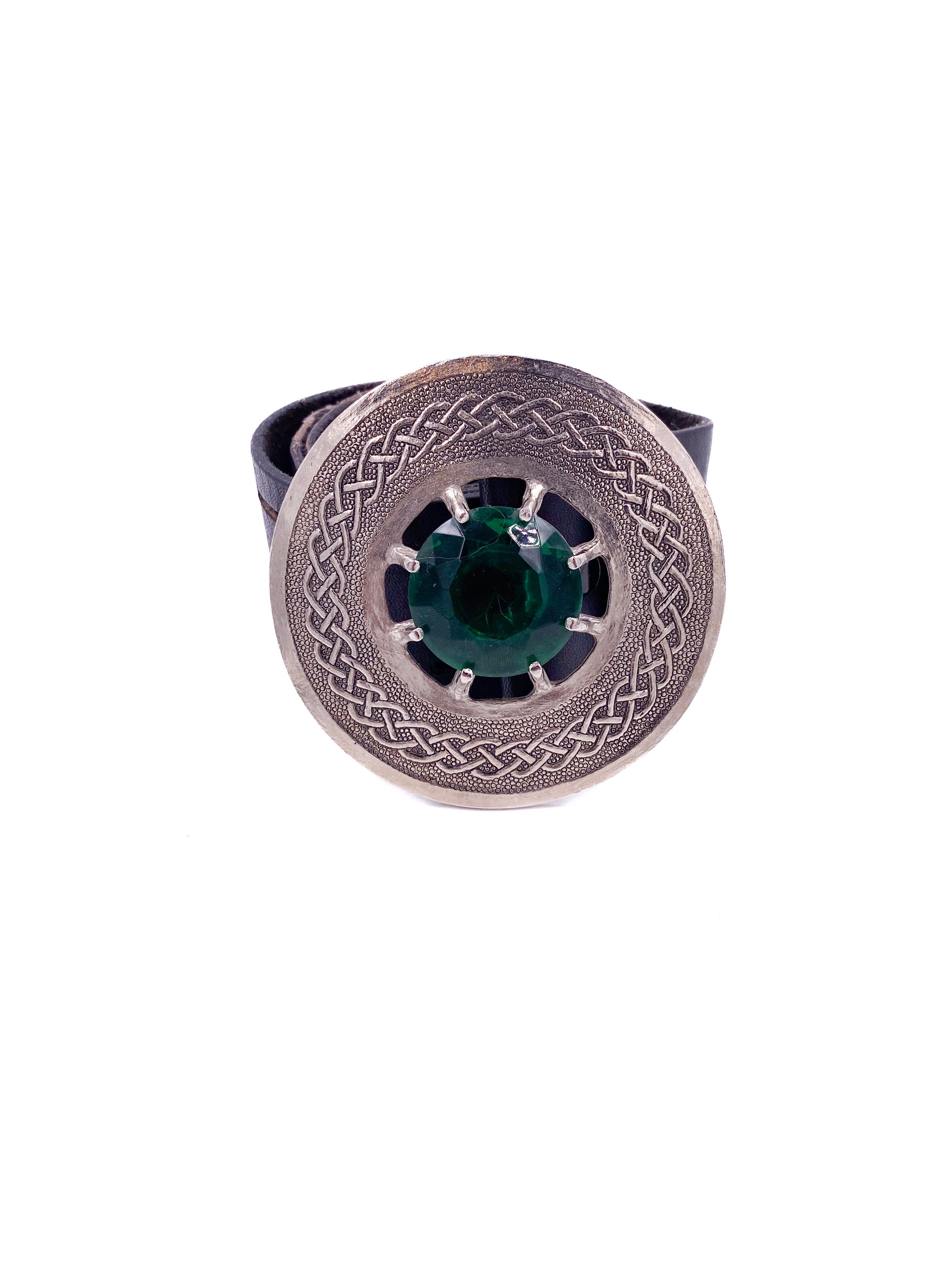 Brown Leather Belt with Silver Circle Buckle & Green Stone - The Kit Vintage