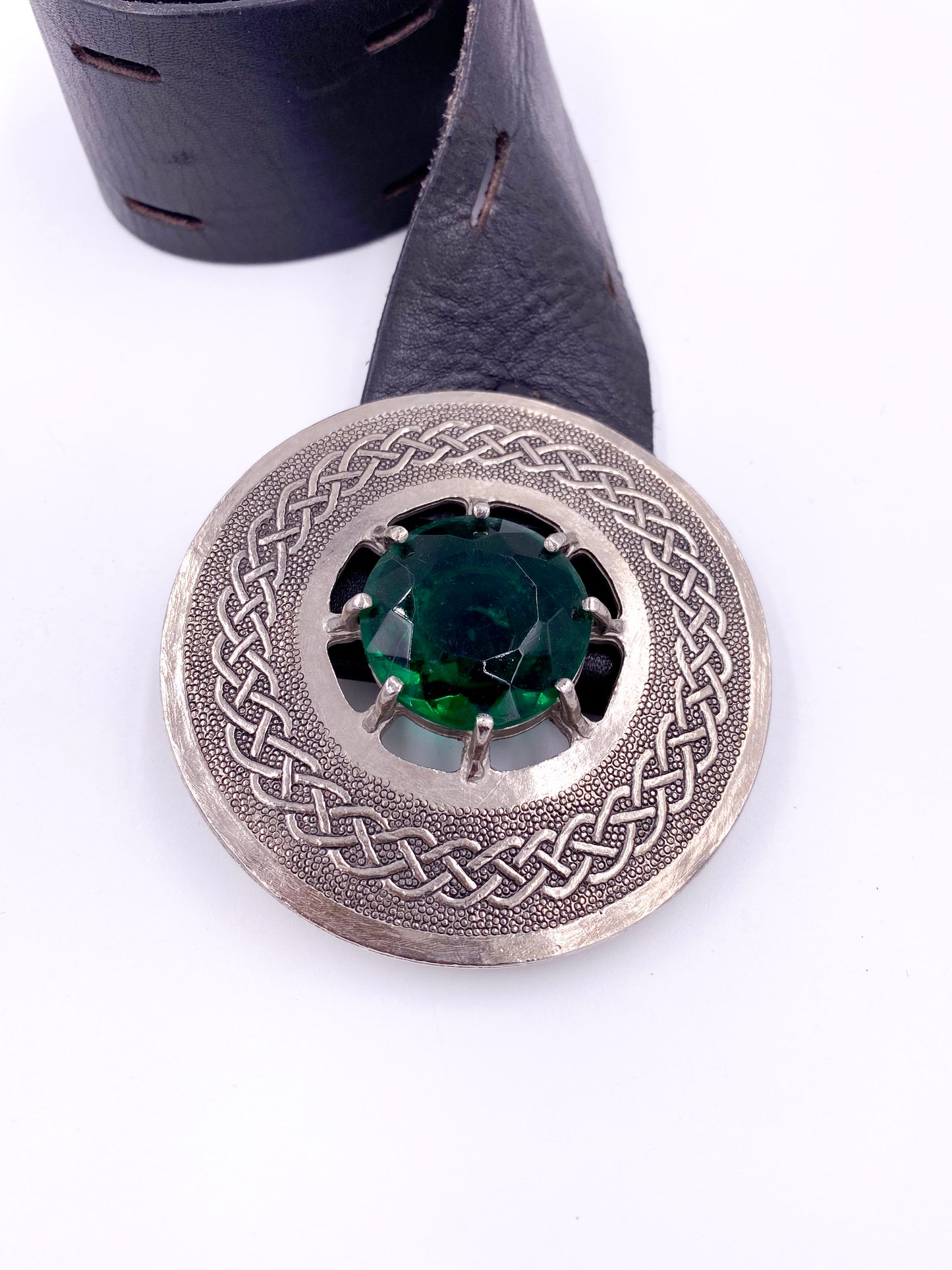 Brown Leather Belt with Silver Circle Buckle & Green Stone