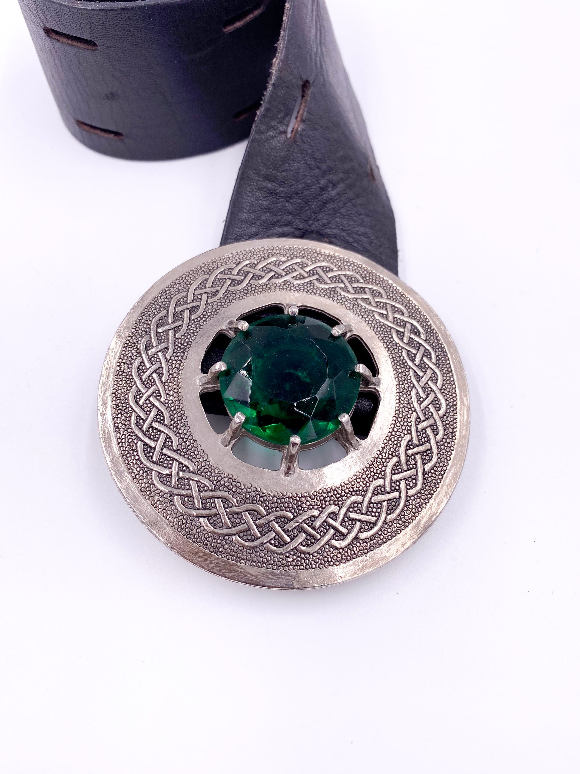 Brown Leather Belt with Silver Circle Buckle & Green Stone - The Kit Vintage