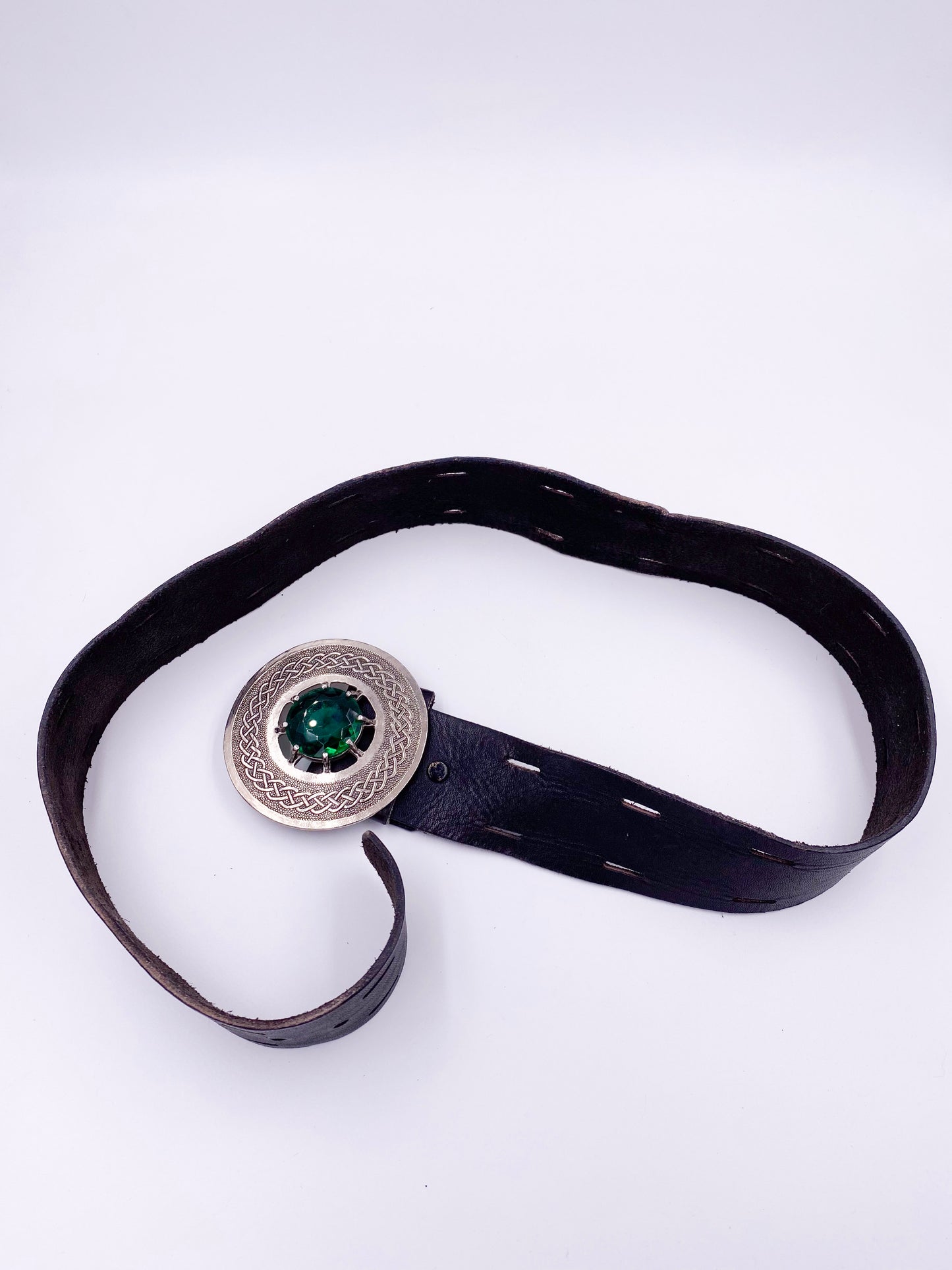 Brown Leather Belt with Silver Circle Buckle & Green Stone