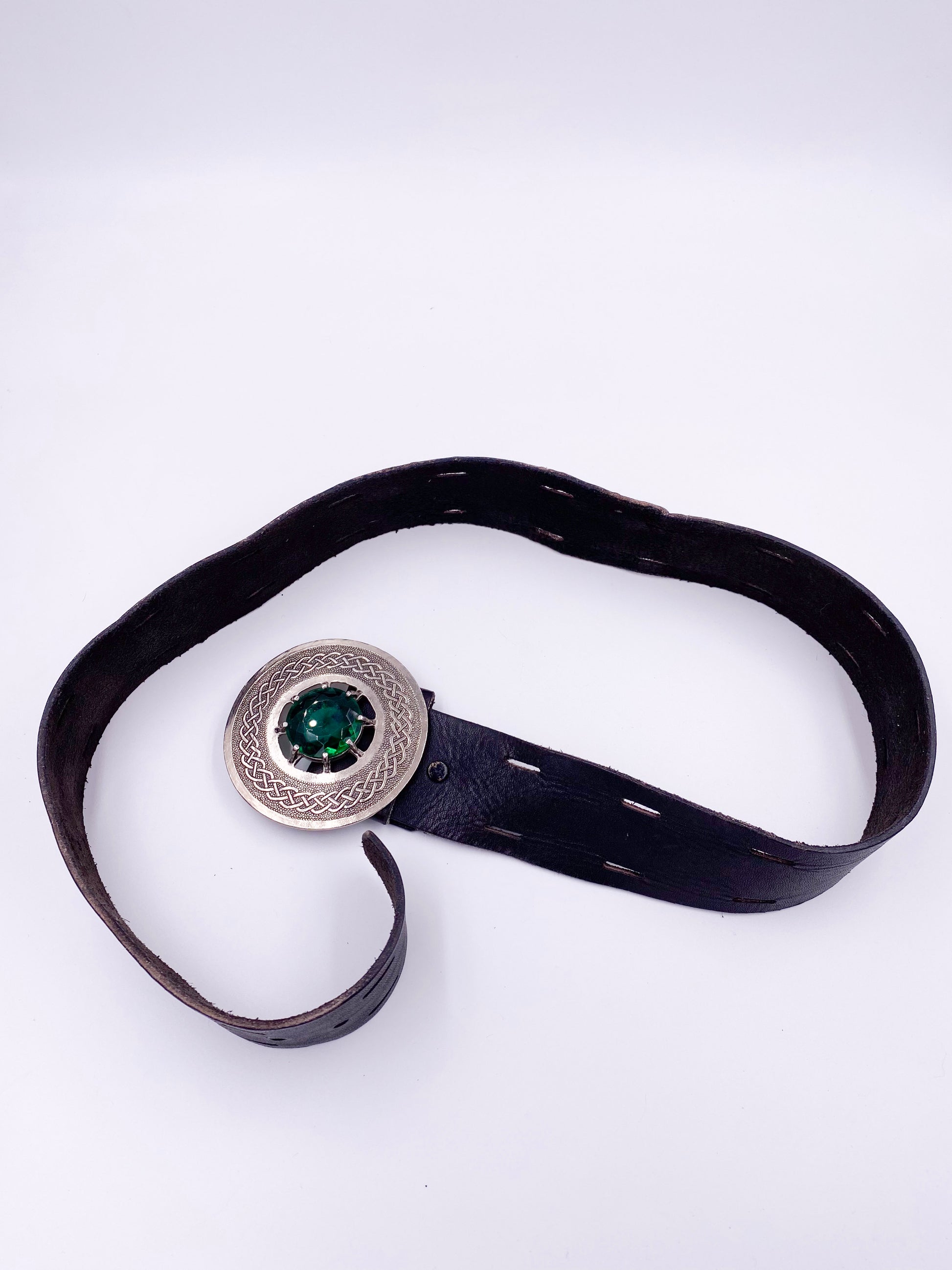 Brown Leather Belt with Silver Circle Buckle & Green Stone - The Kit Vintage