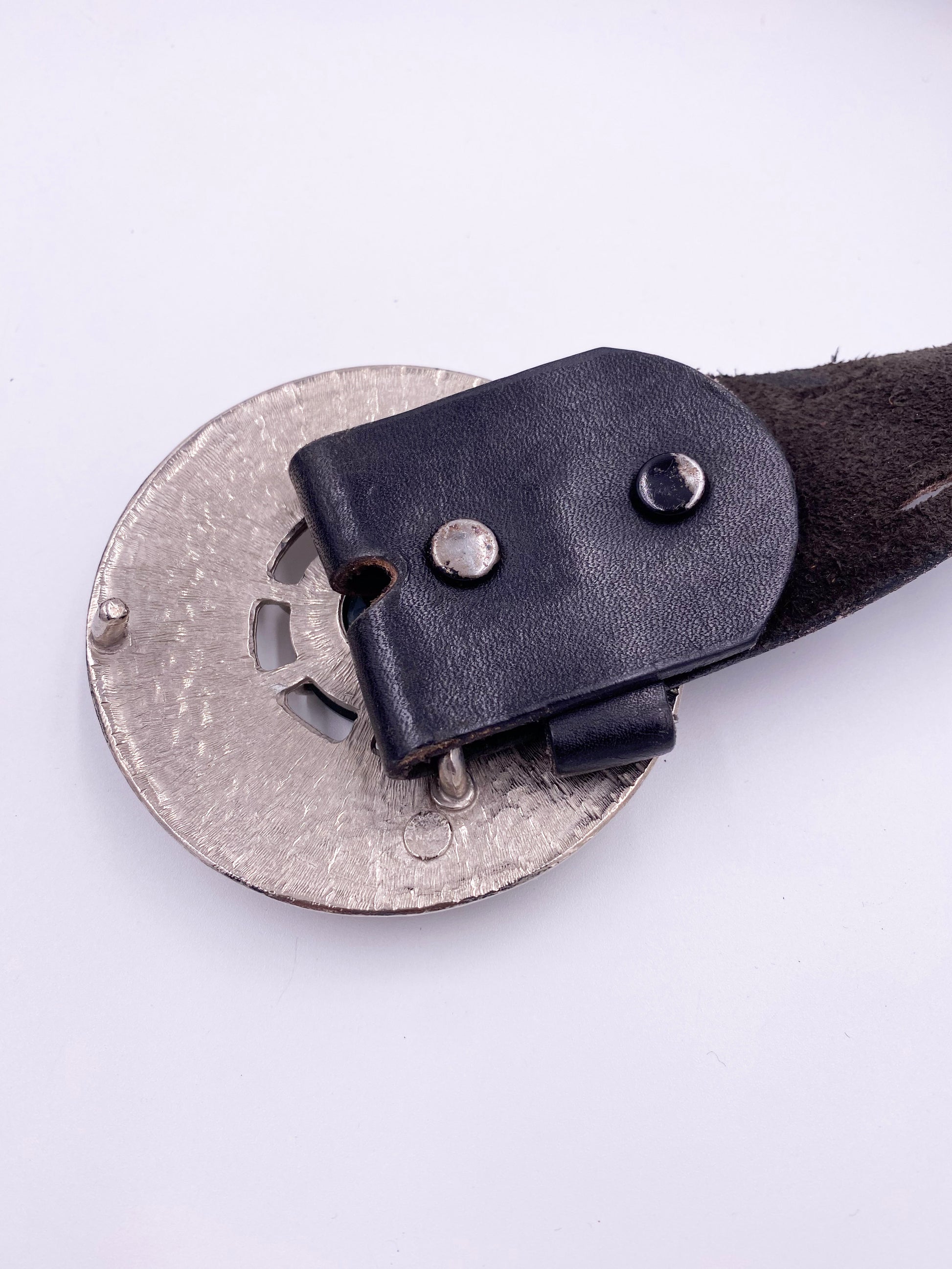 Brown Leather Belt with Silver Circle Buckle & Green Stone - The Kit Vintage