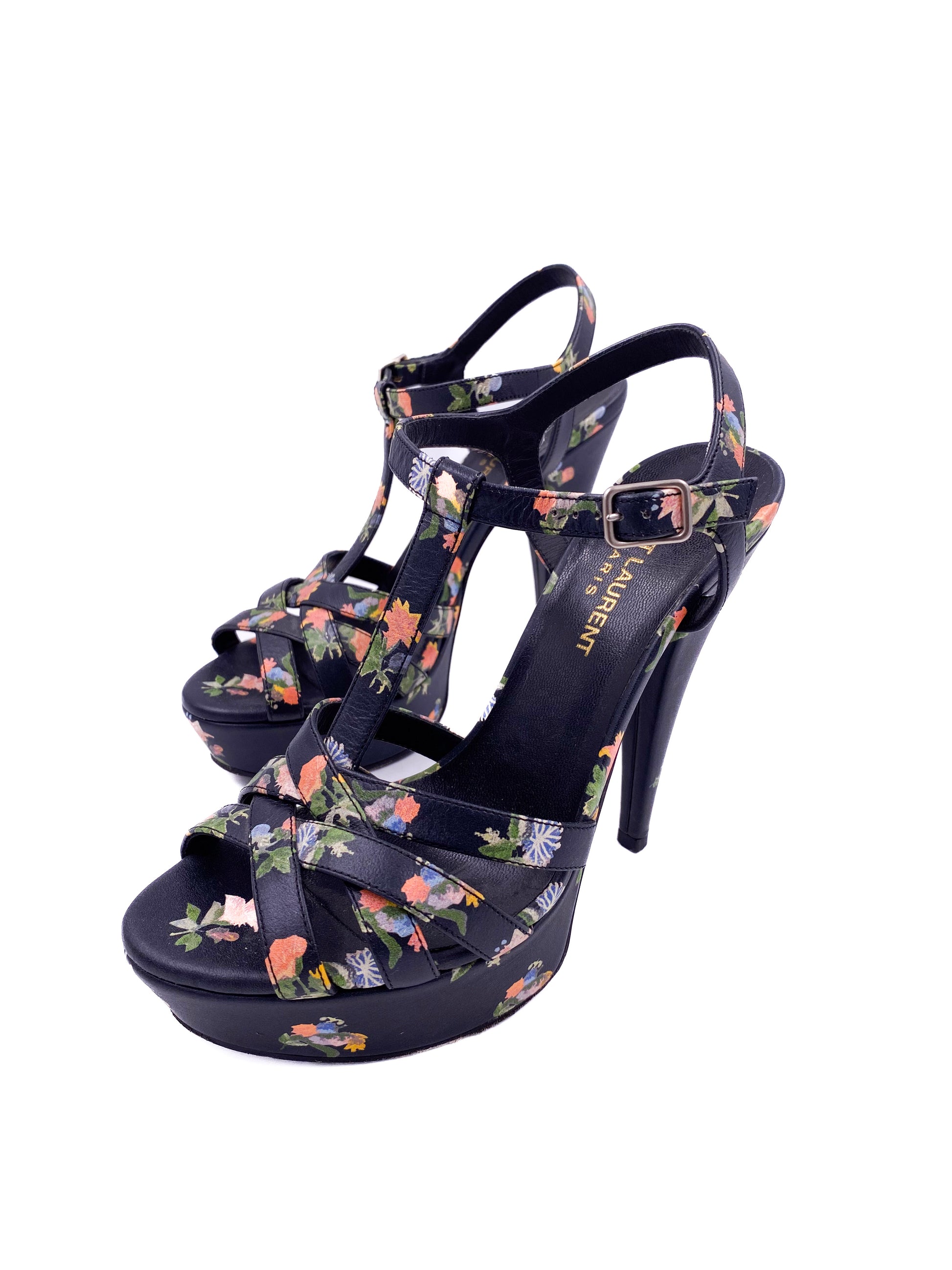 Saint Laurent Navy Floral Open Toe Platform - The Kit Vintage