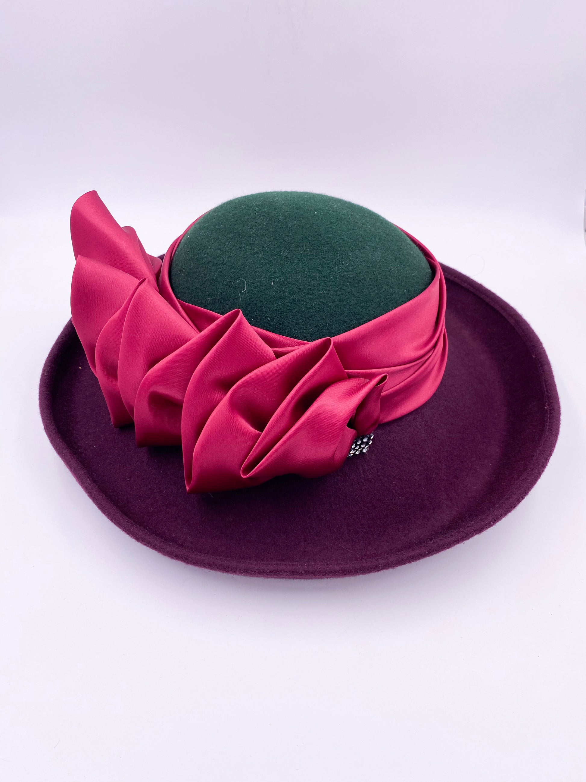 Vintage Burgundy and Green Wool Hat with Pink Satin Ribbon - The Kit Vintage