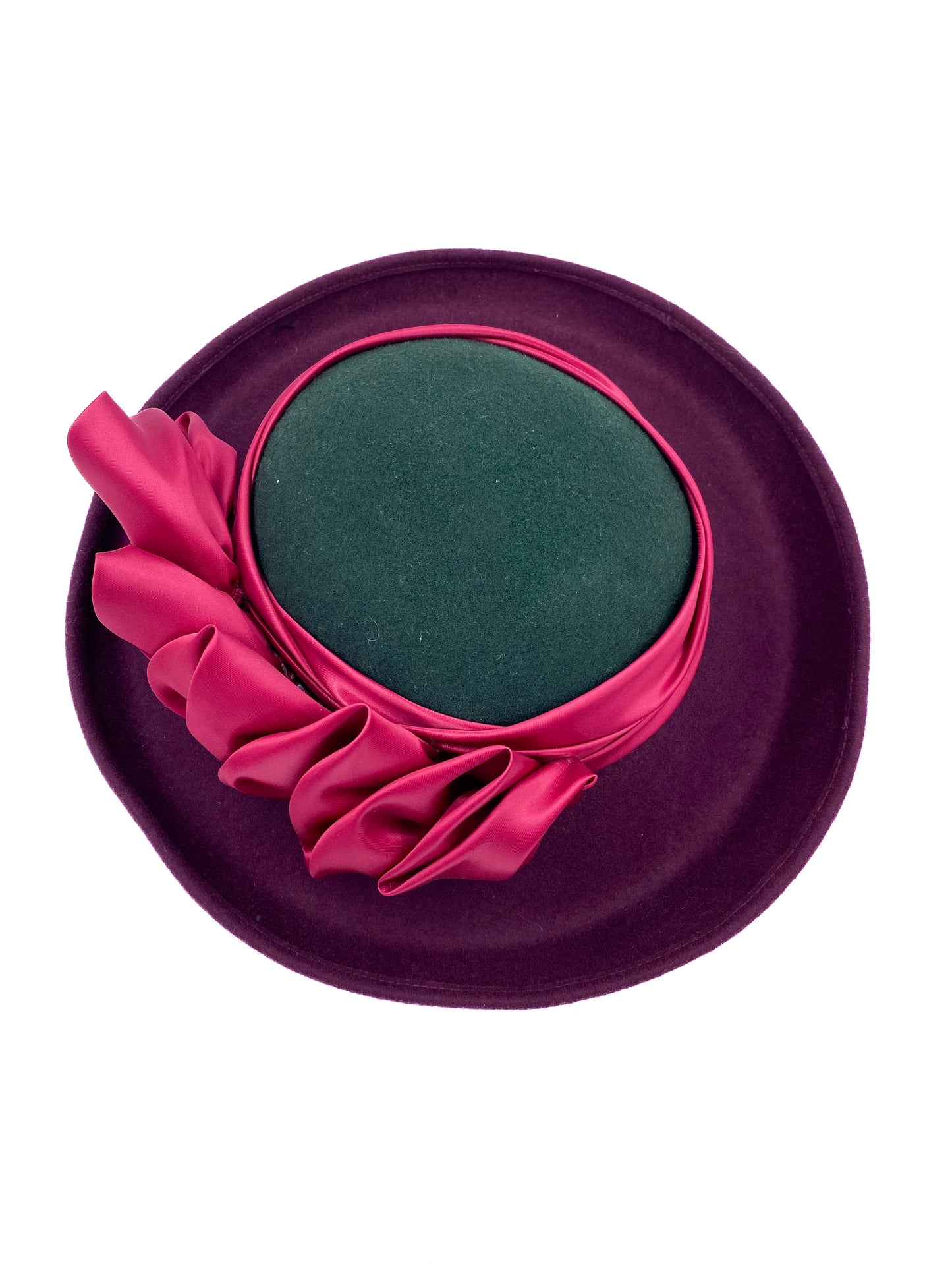 Vintage Burgundy and Green Wool Hat with Pink Satin Ribbon
