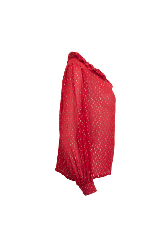 Yves Saint Laurent Rive Gauche Vintage Red Dotted Swiss Ruffle Collar Silk Blouse