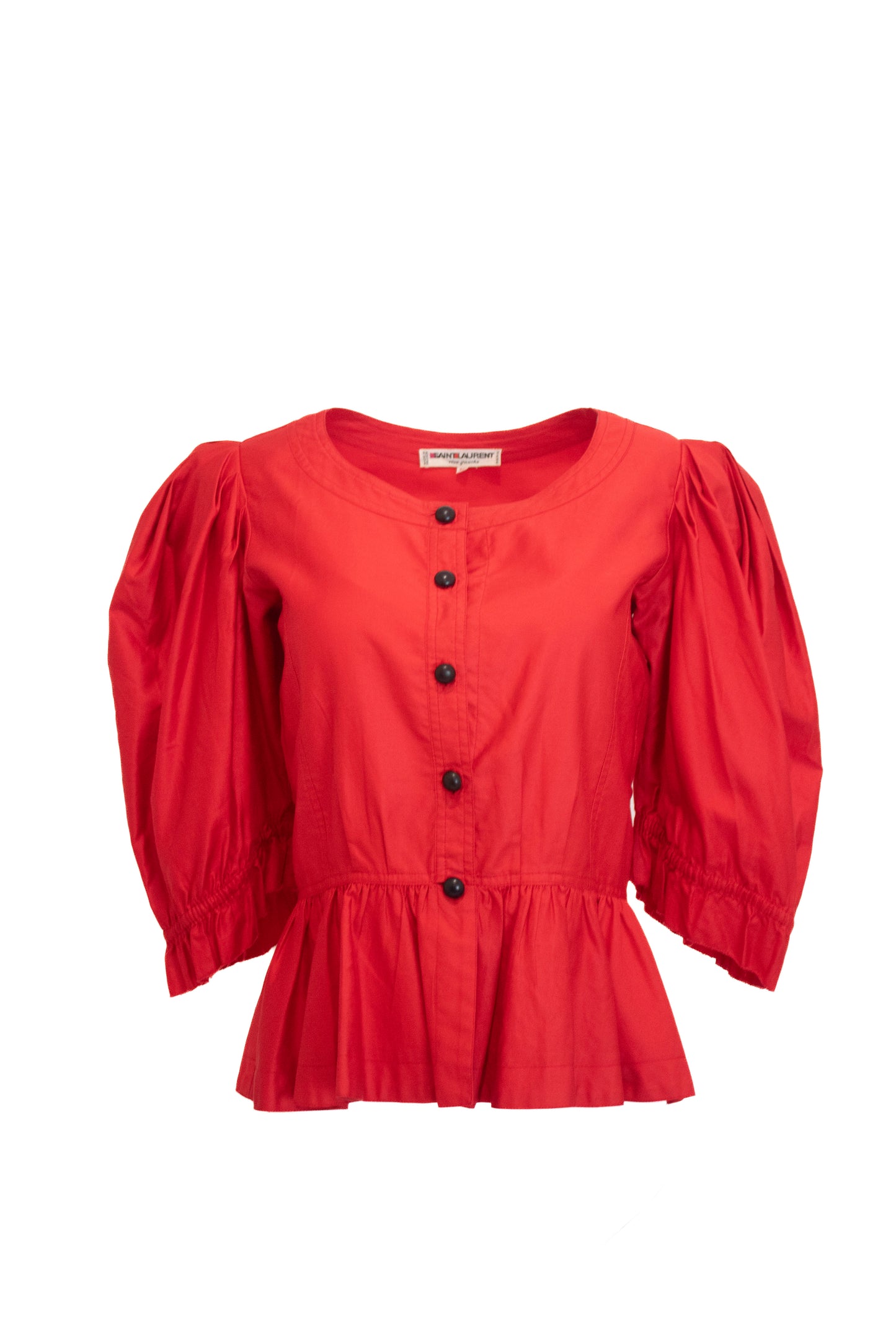 Yves Saint Laurent Rive Gauche Vintage Red Cotton Button Down Peasant Blouse