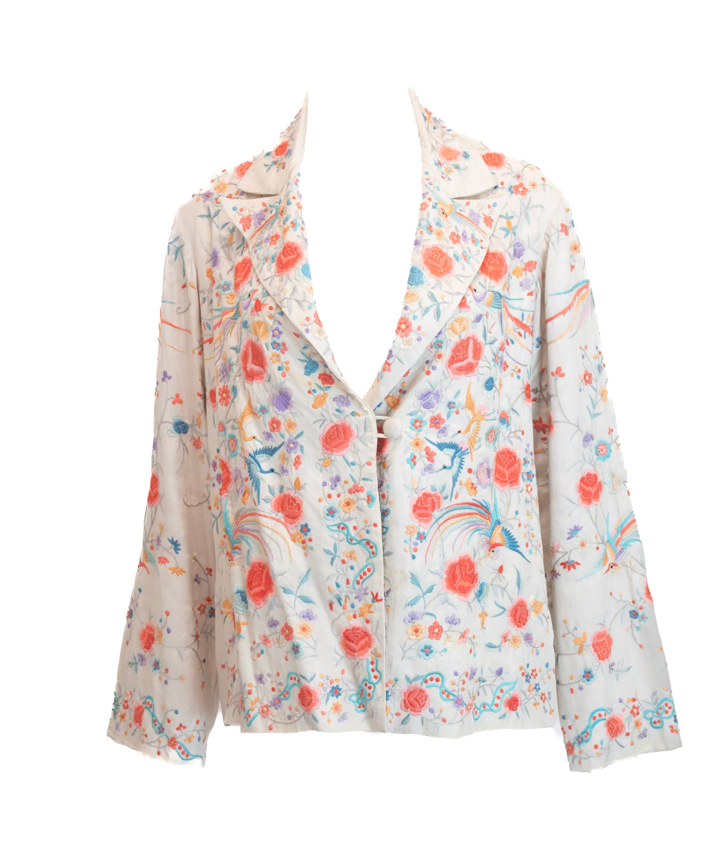 Cream 1940's Floral Embroidered Silk Blazer