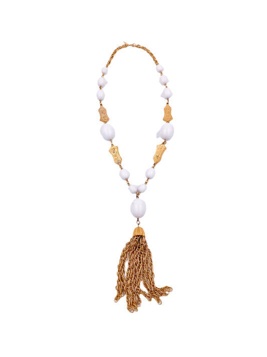 Trifari 1960s White Ball/ Gold Tassel Crown Necklace - The Kit Vintage