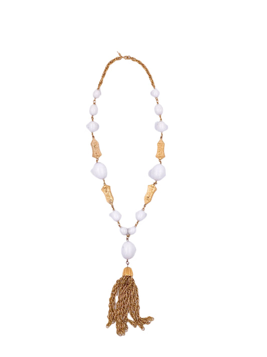 Trifari 1960s White Ball/ Gold Tassel Crown Necklace - The Kit Vintage