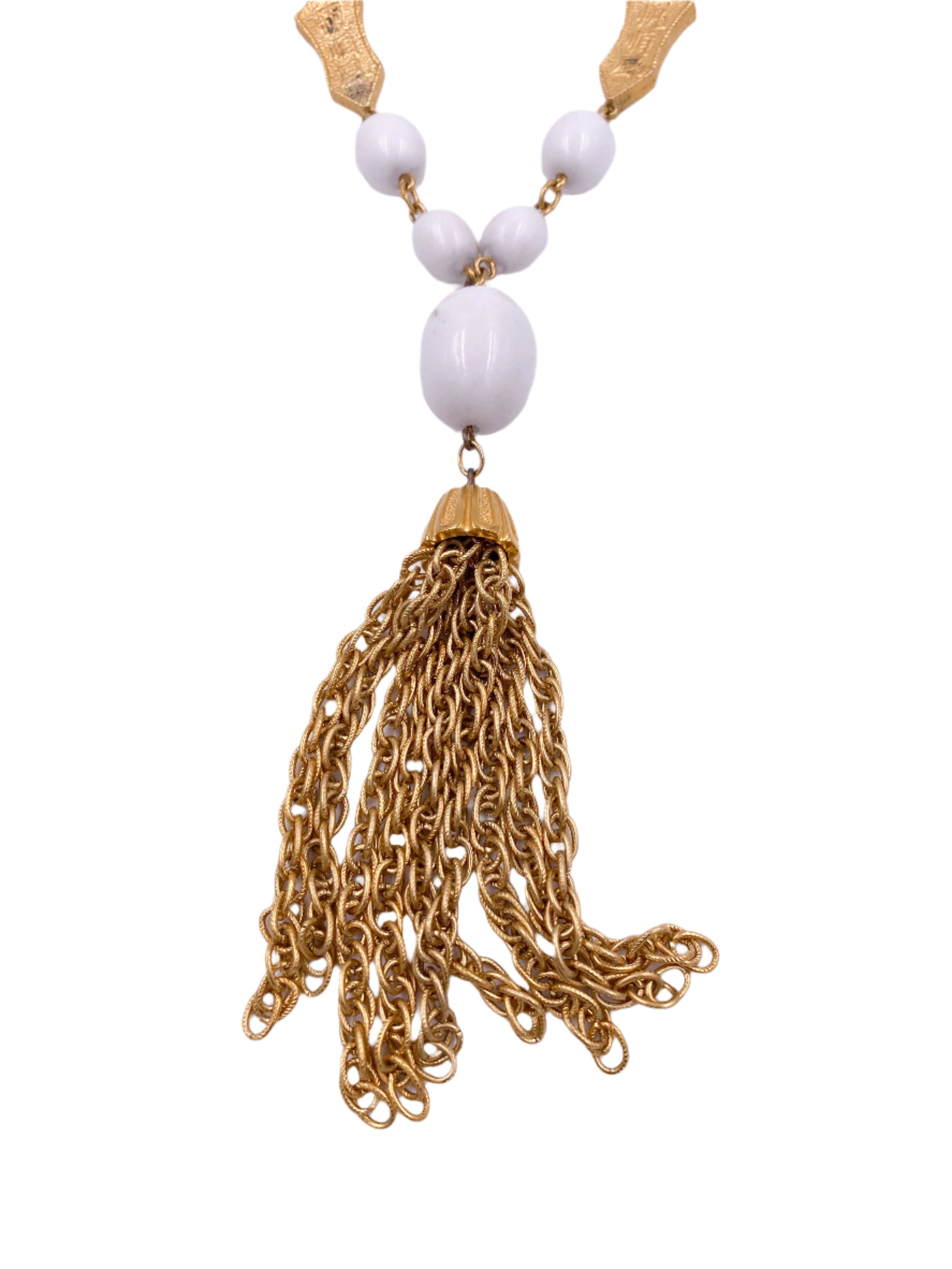 Trifari 1960s White Ball/ Gold Tassel Crown Necklace - The Kit Vintage