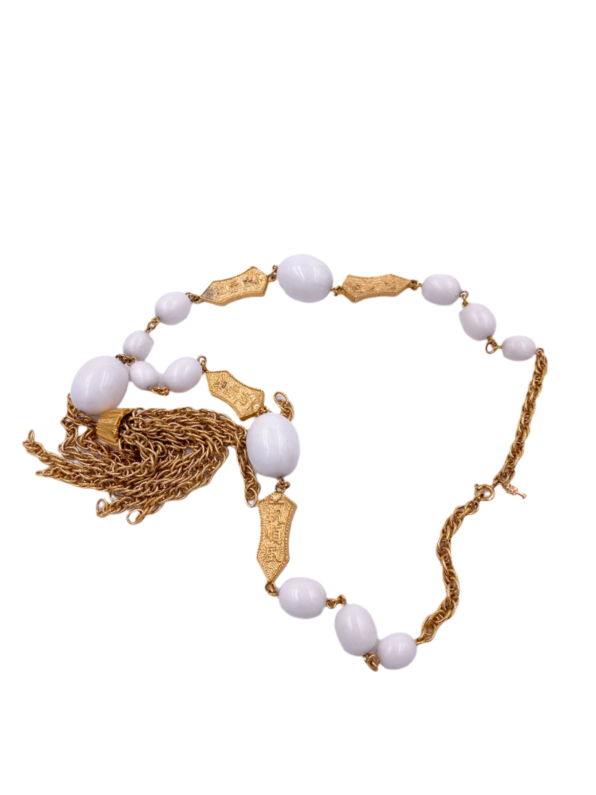Trifari 1960s White Ball/ Gold Tassel Crown Necklace - The Kit Vintage