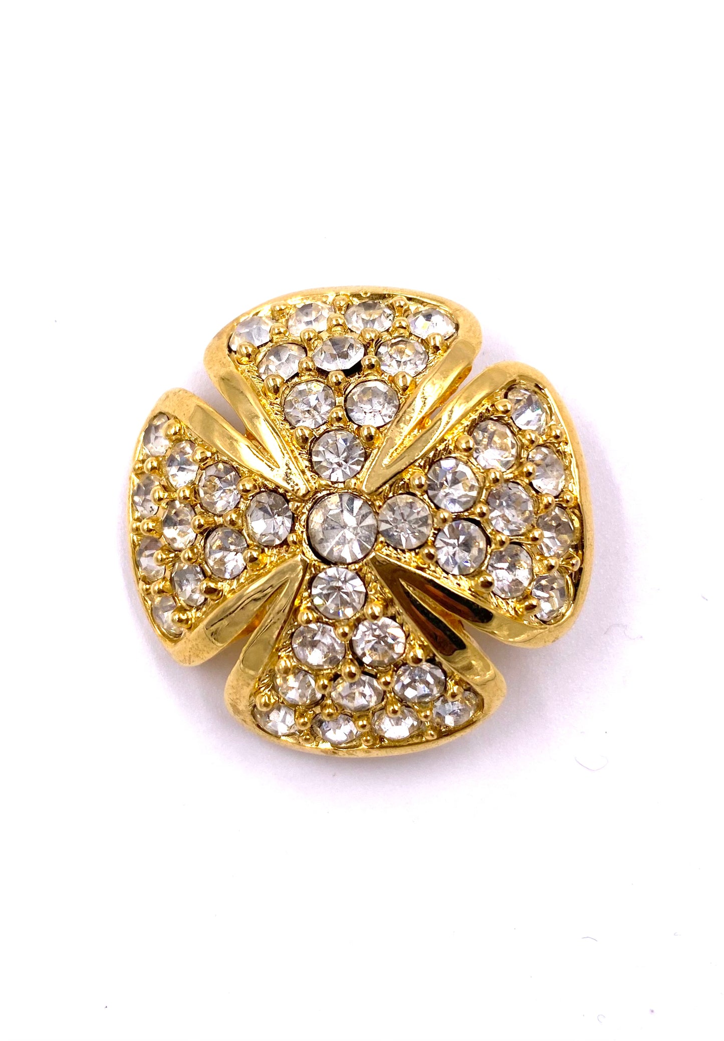 Large Gold Clover Rhinestone Clip Earrings