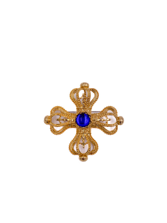 Park Lane Gold Cross Brooch W Sapphire Center Cabachon - The Kit Vintage
