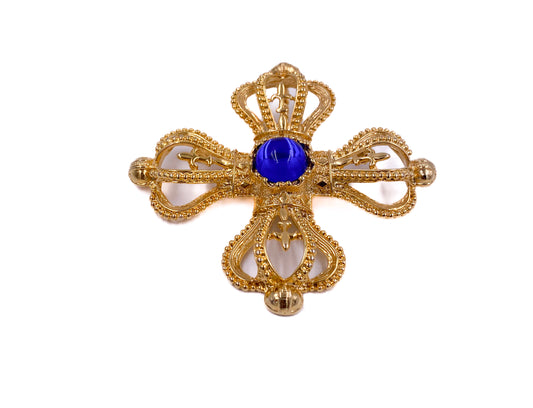 Park Lane Gold Cross Brooch W Sapphire Center Cabachon - The Kit Vintage