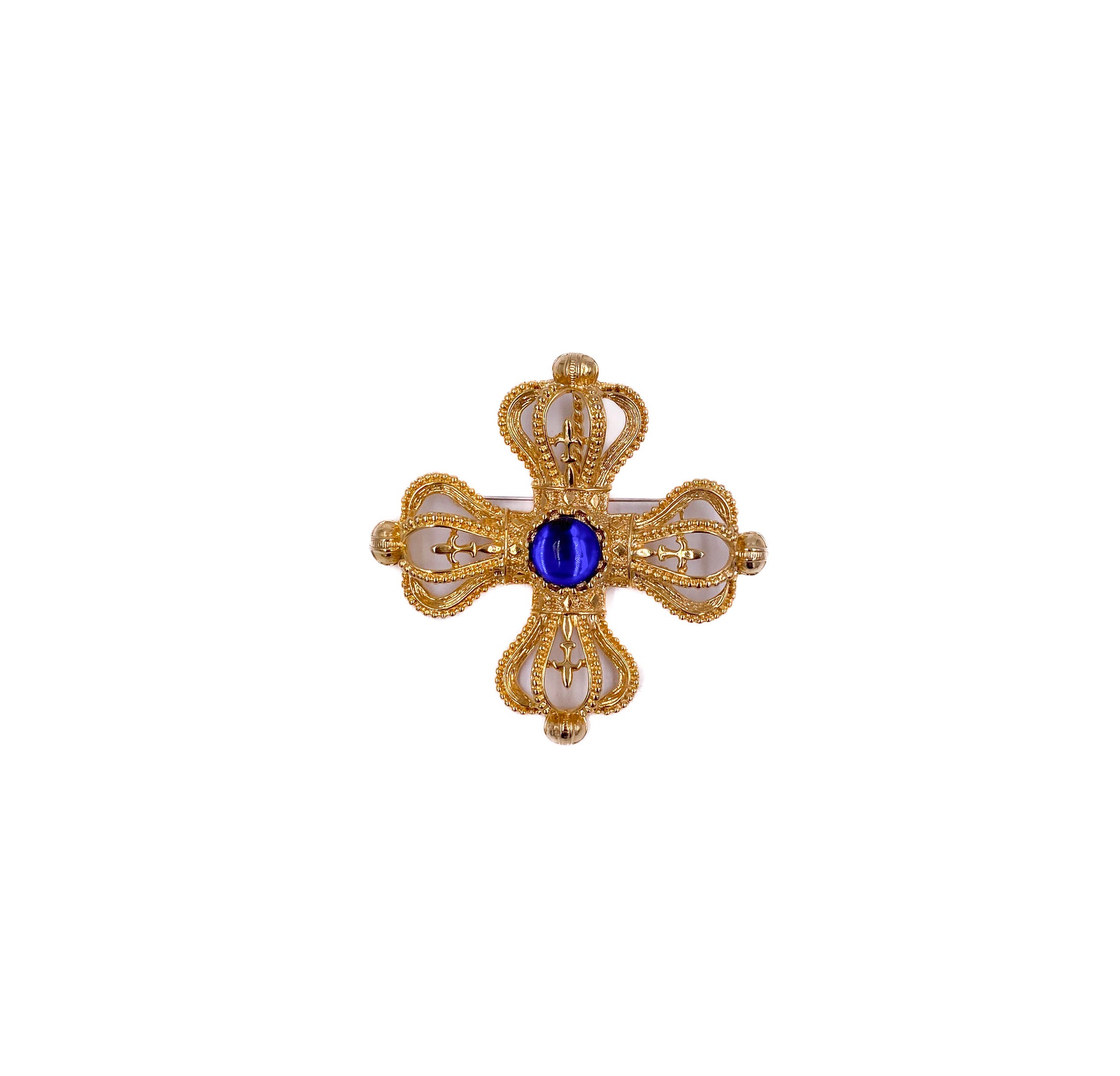 Park Lane Gold Cross Brooch W Sapphire Center Cabachon - The Kit Vintage