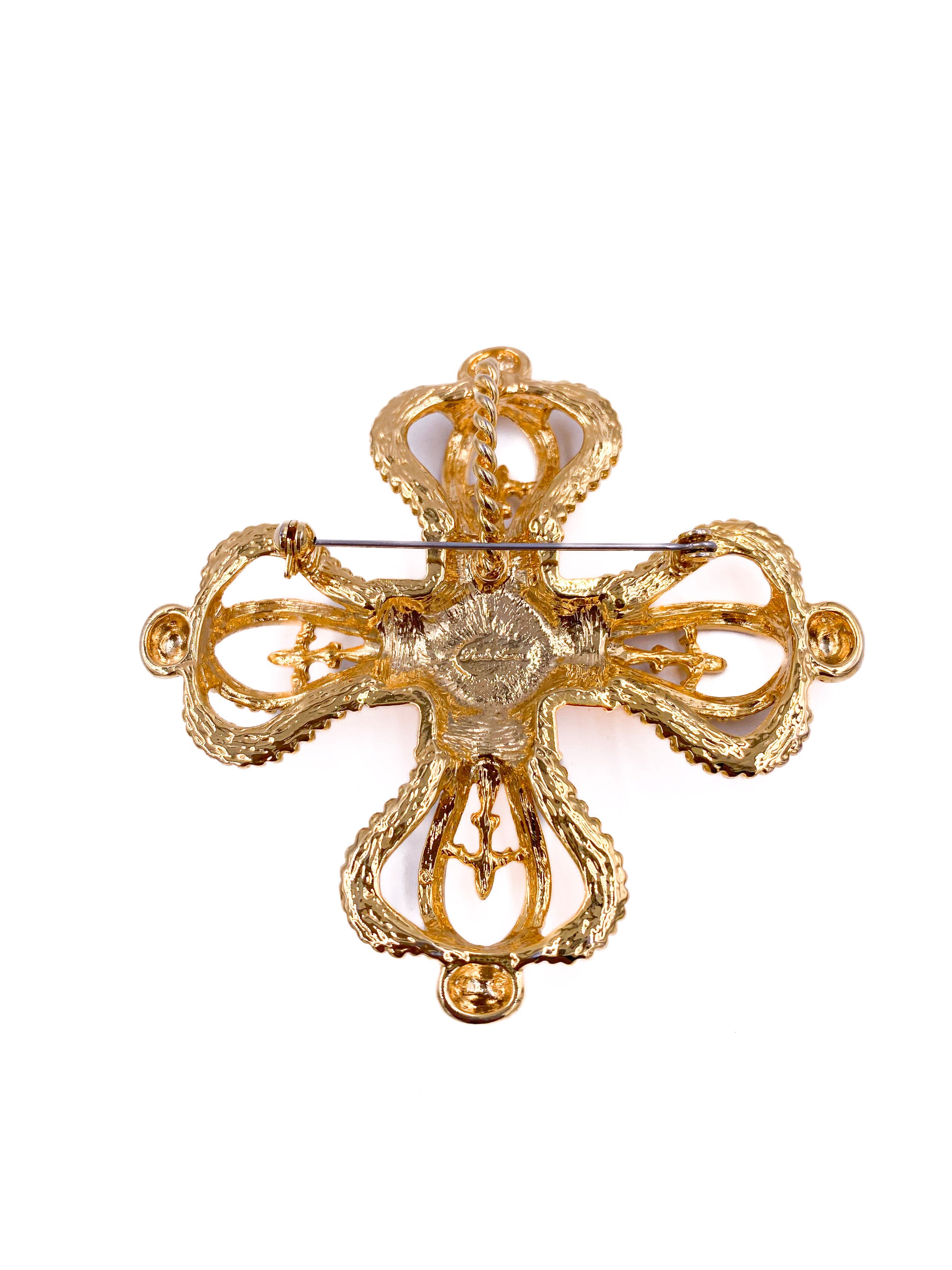 Park Lane Gold Cross Brooch W Sapphire Center Cabachon - The Kit Vintage