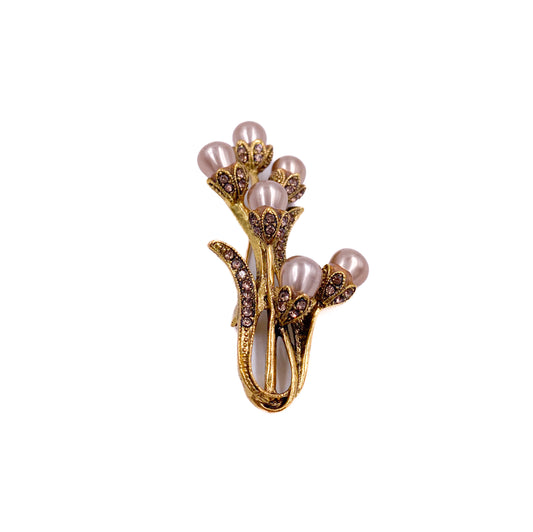 Vintage Pearl Floral Bouquet Brooch with Rhinestones - The Kit Vintage