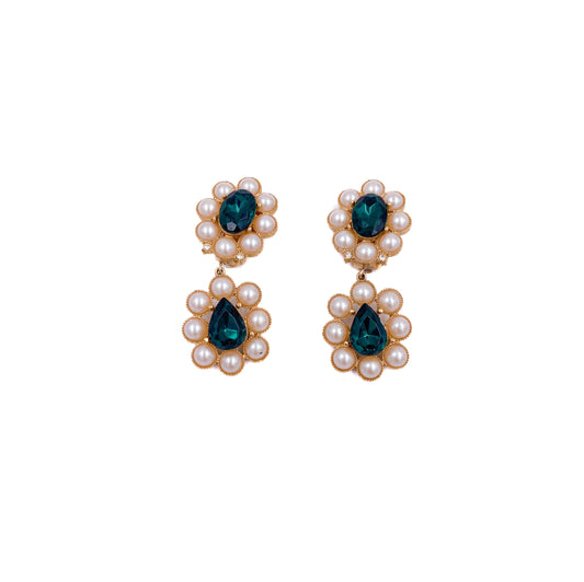 Richelieu Gold Flower Pearl Drops With Emerald Clip On Earrings - The Kit Vintage