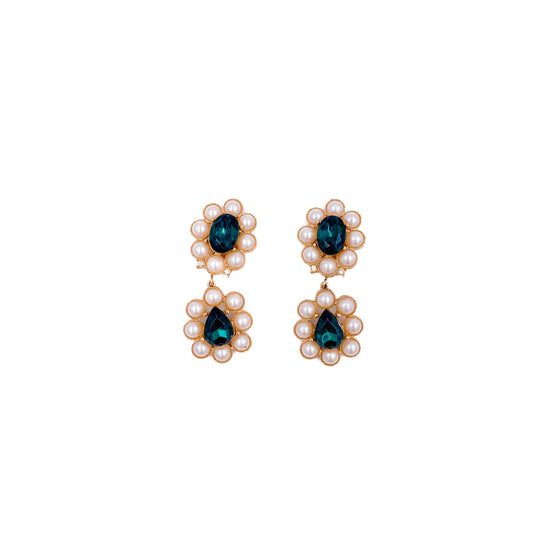 Richelieu Gold Flower Pearl Drops With Emerald Clip On Earrings - The Kit Vintage
