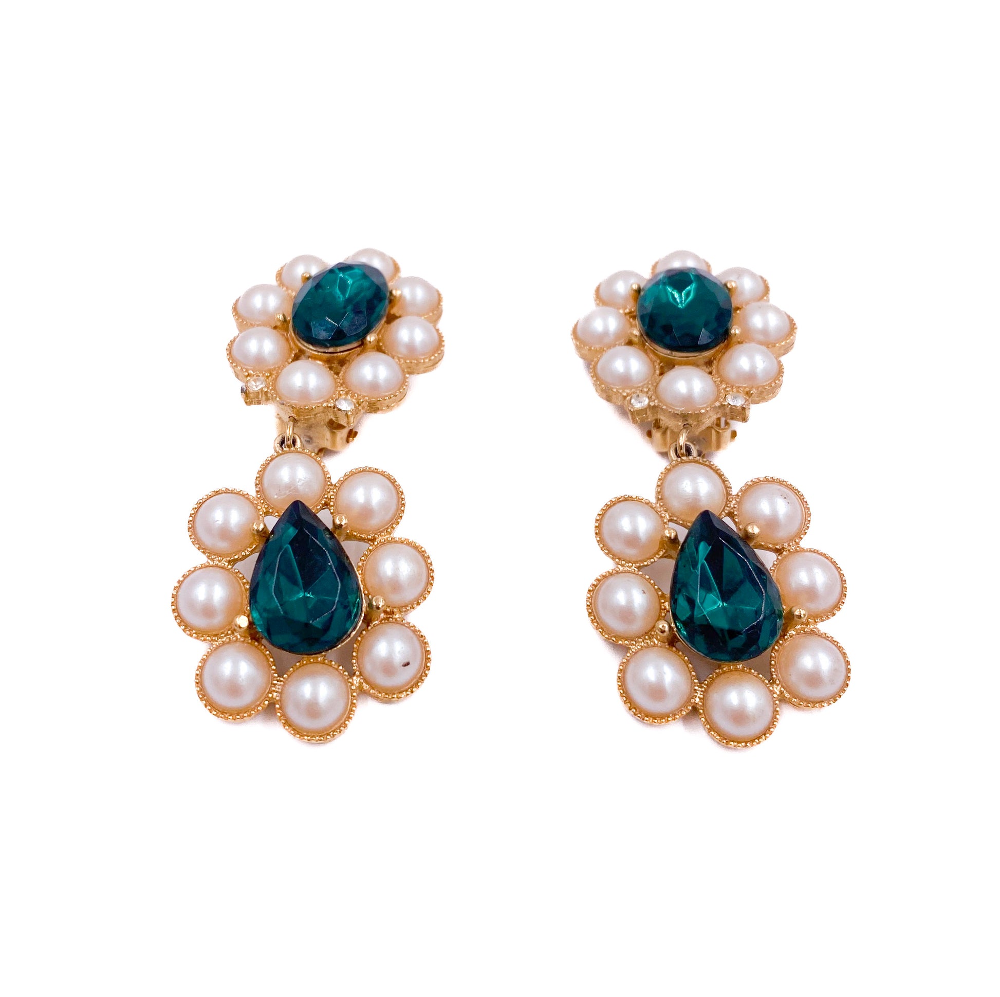 Richelieu Gold Flower Pearl Drops With Emerald Clip On Earrings - The Kit Vintage