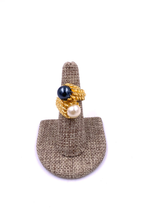 Trifari Gold Textured Two-Toned Pearl Cocktail Ring - The Kit Vintage