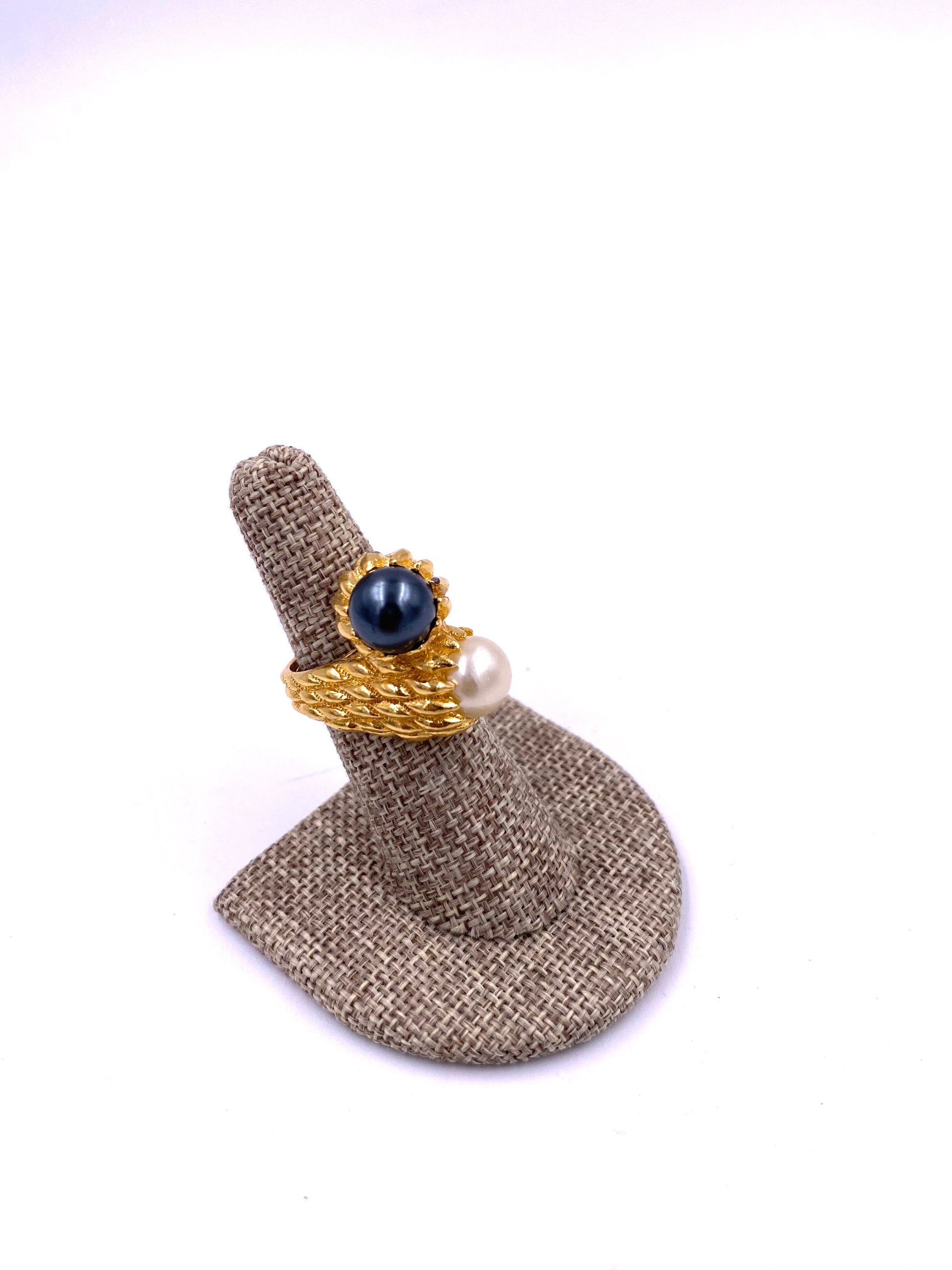 Trifari Gold Textured Two-Toned Pearl Cocktail Ring - The Kit Vintage