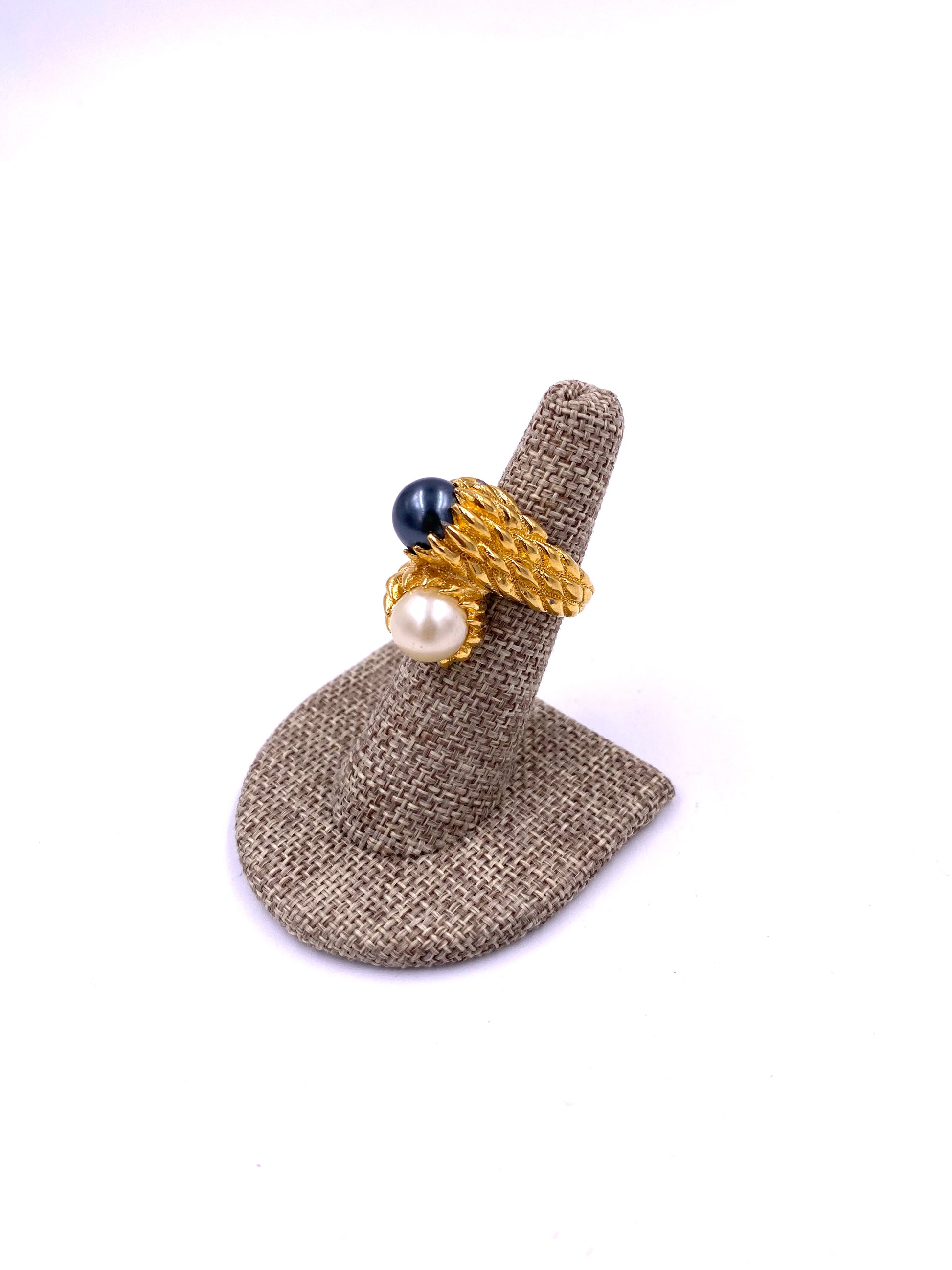 Trifari Gold Textured Two-Toned Pearl Cocktail Ring - The Kit Vintage