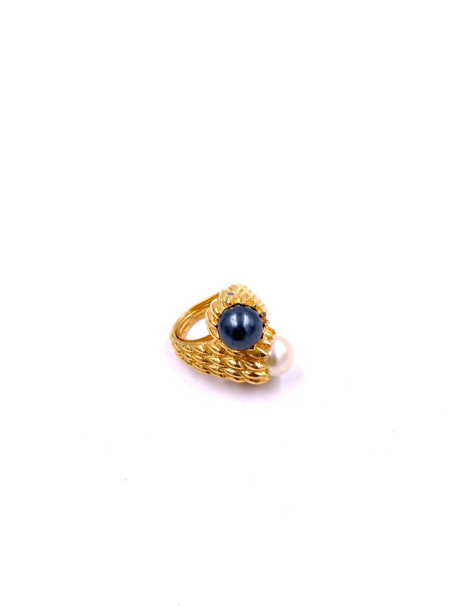Trifari Gold Textured Two-Toned Pearl Cocktail Ring