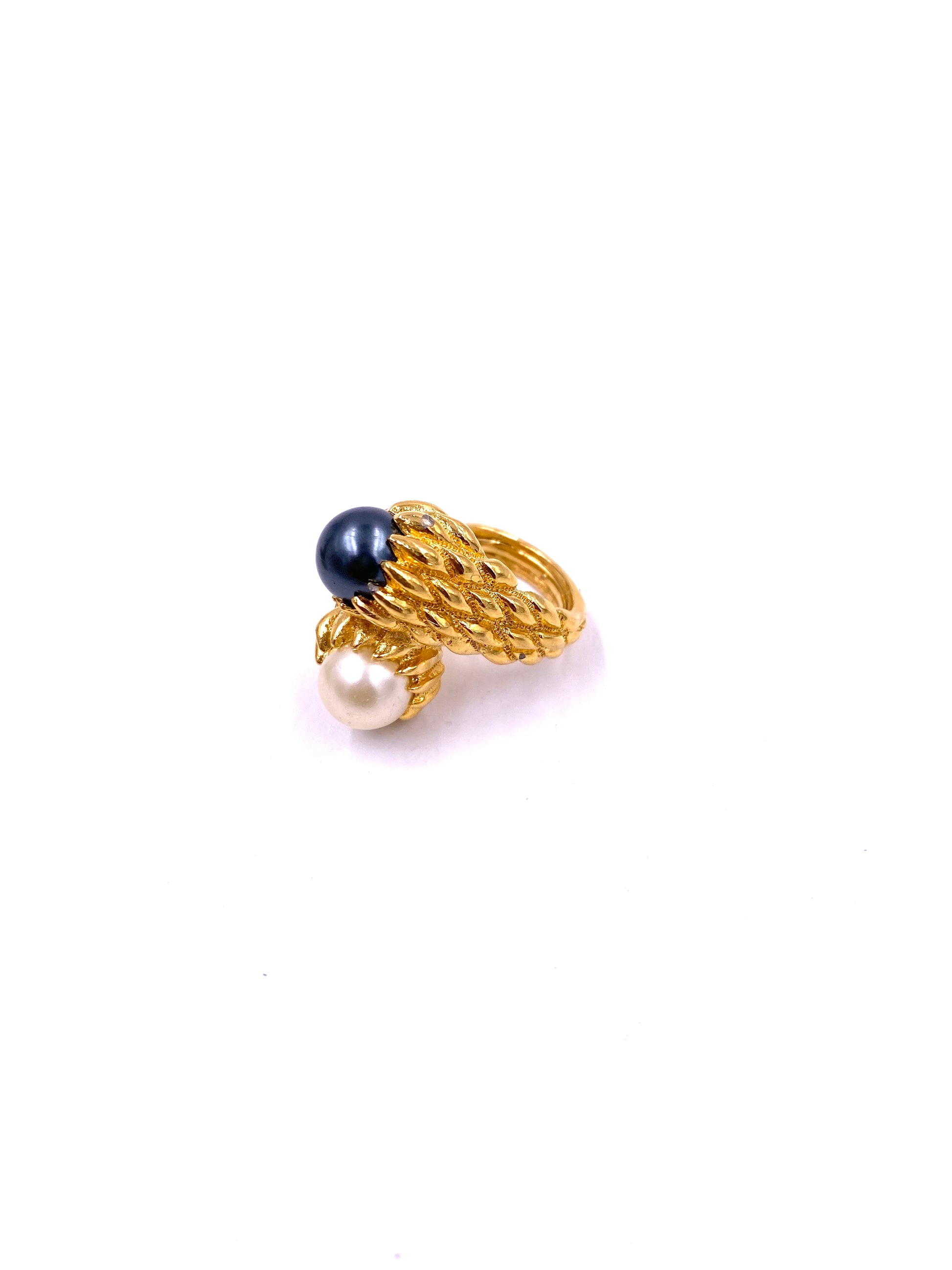 Trifari Gold Textured Two-Toned Pearl Cocktail Ring - The Kit Vintage